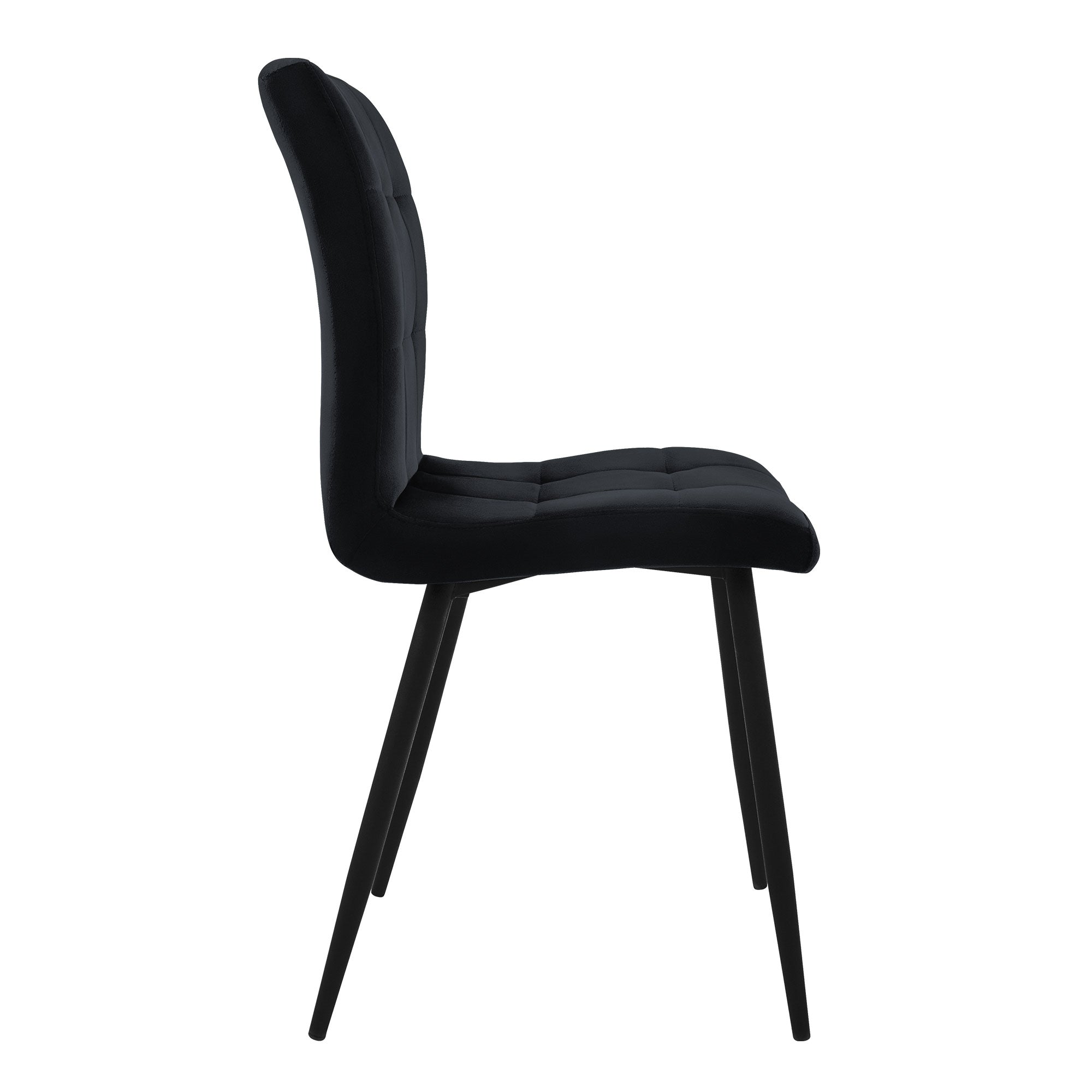 Chaise noire avec un siège rembourré et un dossier, vue de côté.
