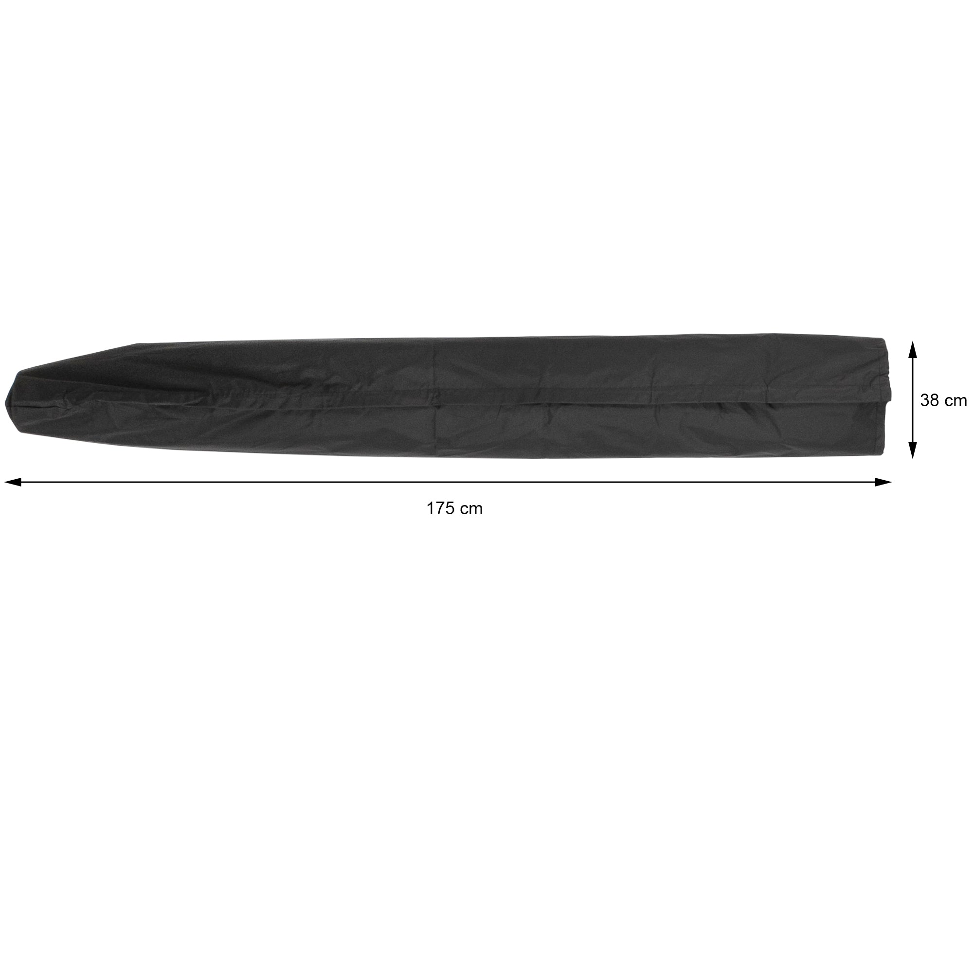 Sort dække med målene 175 cm x 38 cm.