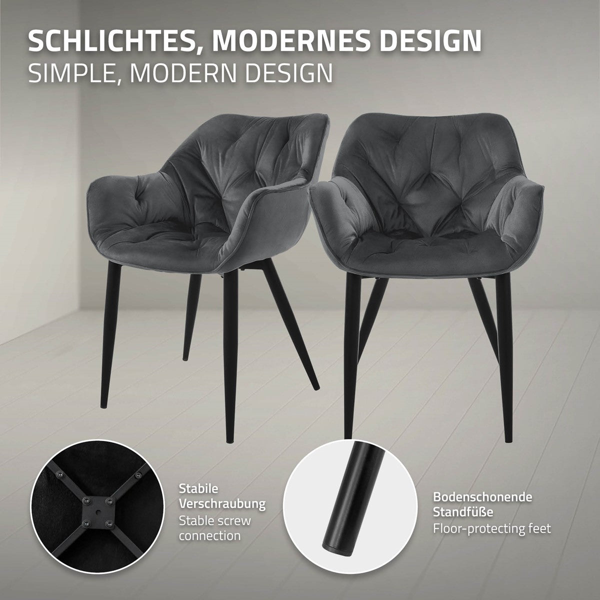 Dvě černé židle s moderním designem na světlé podlaze.