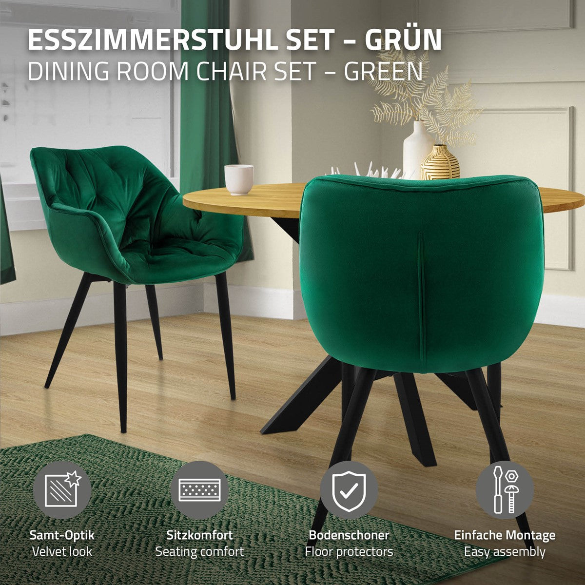 Ensemble de chaises de salle à manger vertes devant une table ronde dans une pièce moderne.