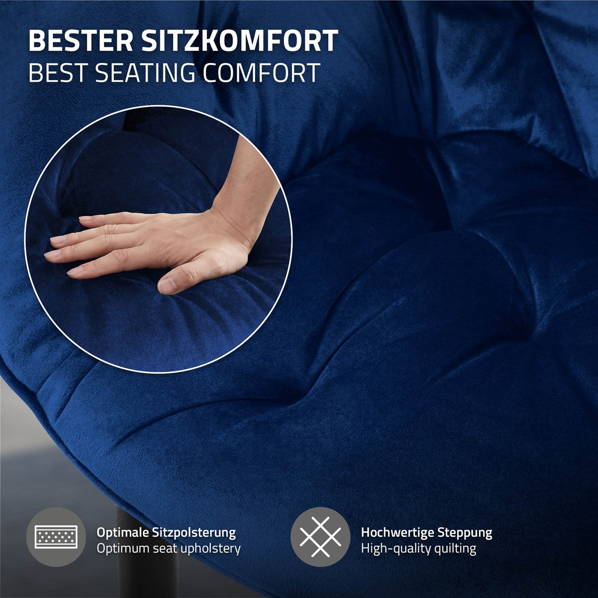 Una mano presiona sobre una silla azul que muestra un acolchado de alta calidad.