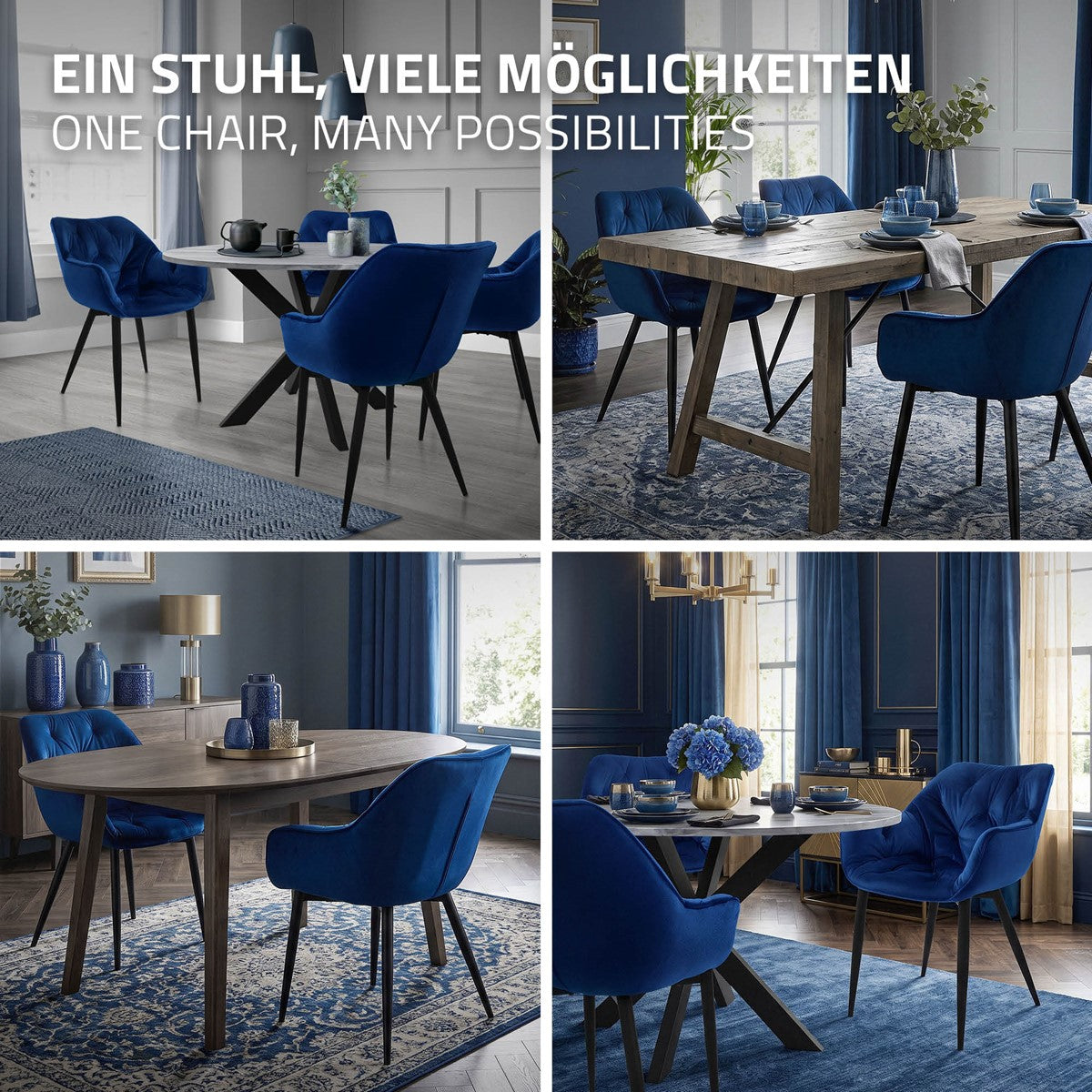 Une salle à manger avec des chaises bleues et une table en bois, décorée de fleurs.