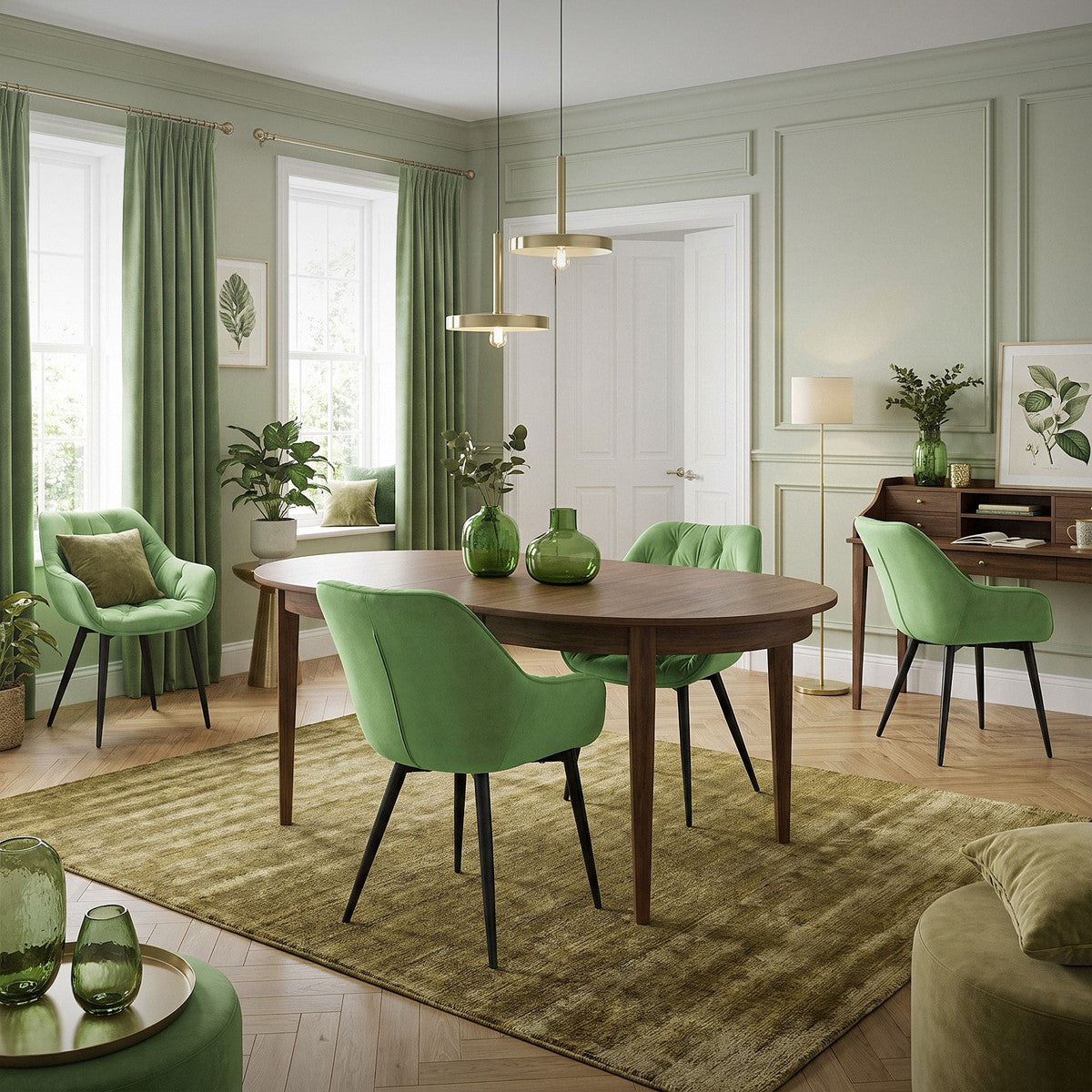 Une pièce élégamment décorée dans différentes nuances de vert.