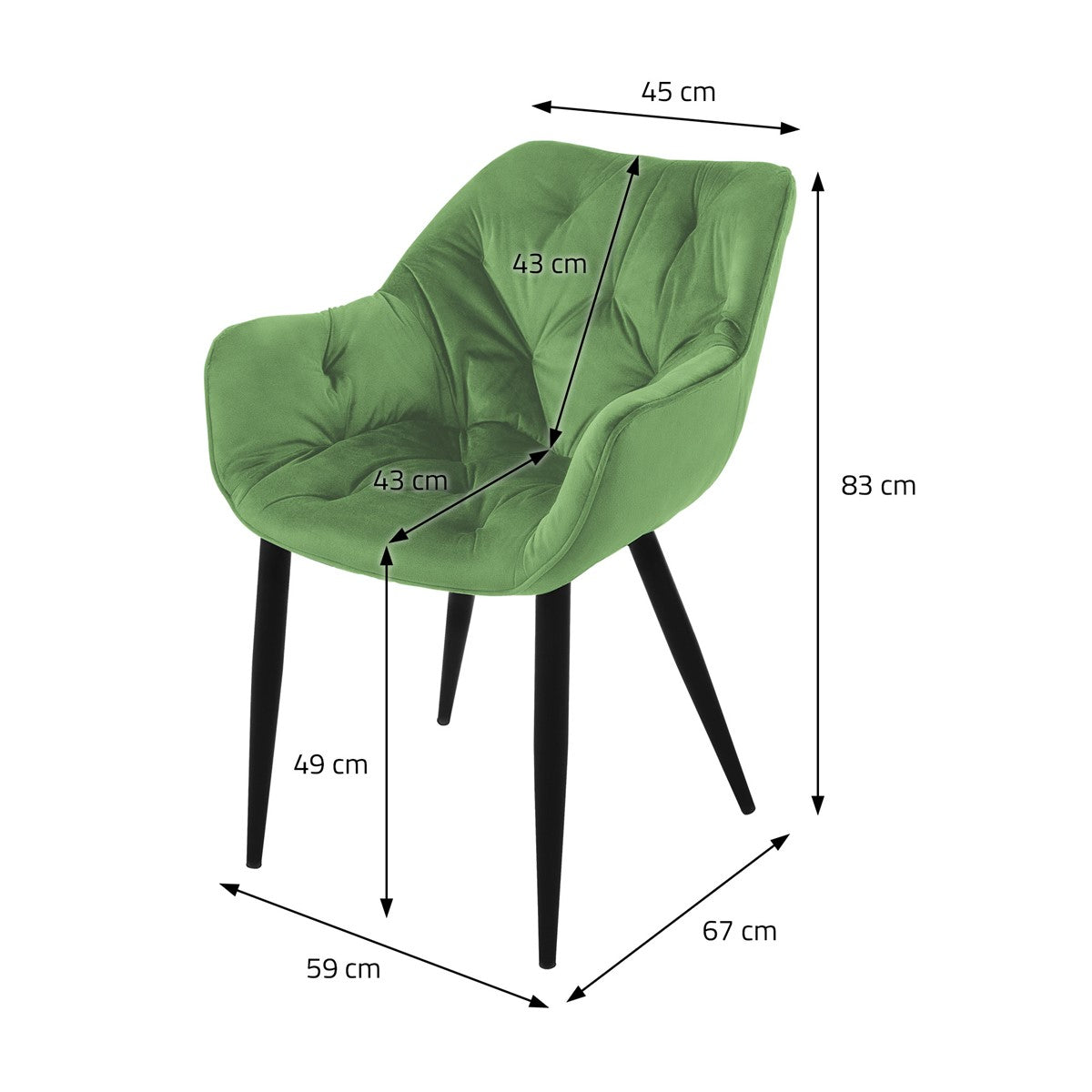 Grøn stol med mål i centimeter på en hvid baggrund.