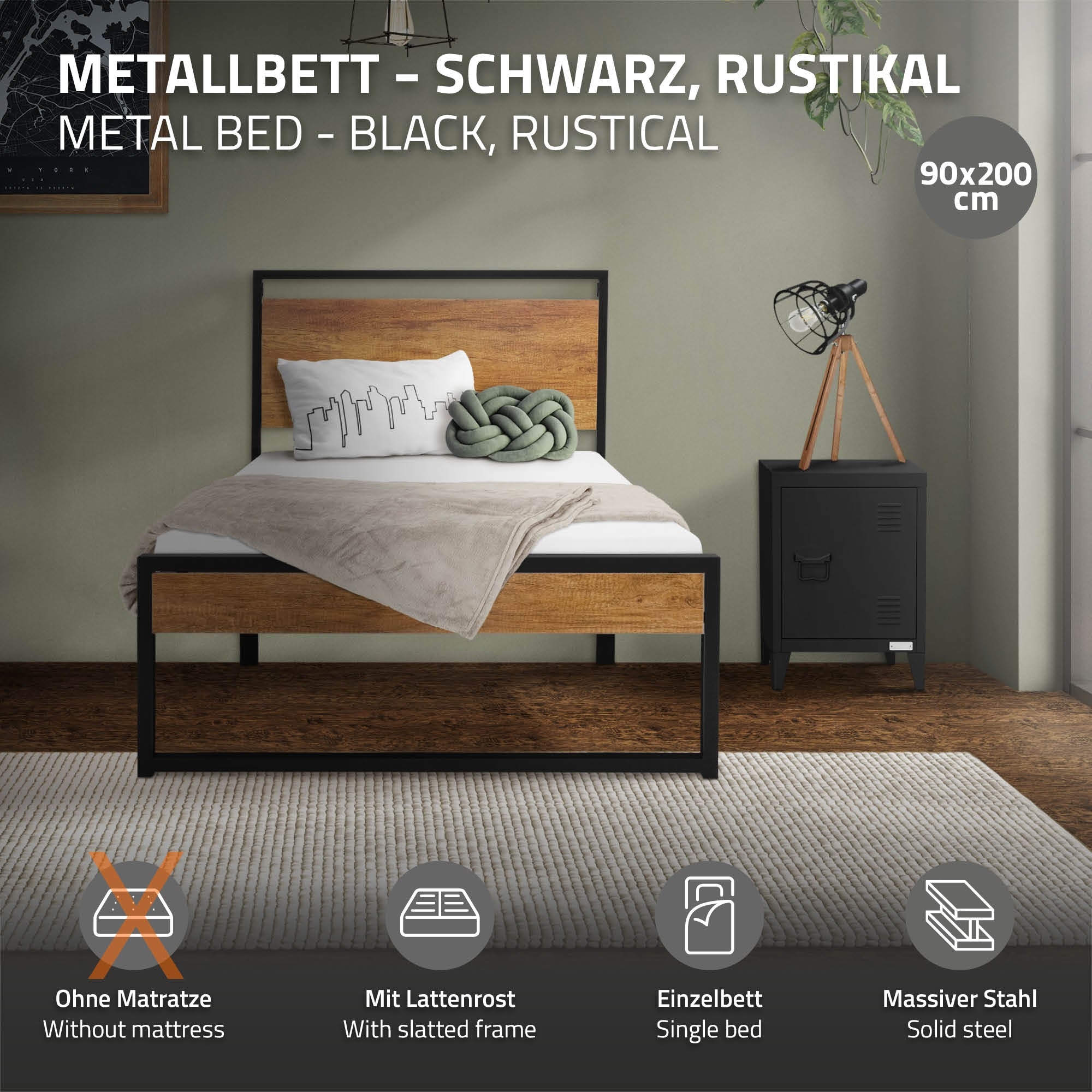 Ein Metallbett in schwarz mit rustikalem Holzkopfteil.