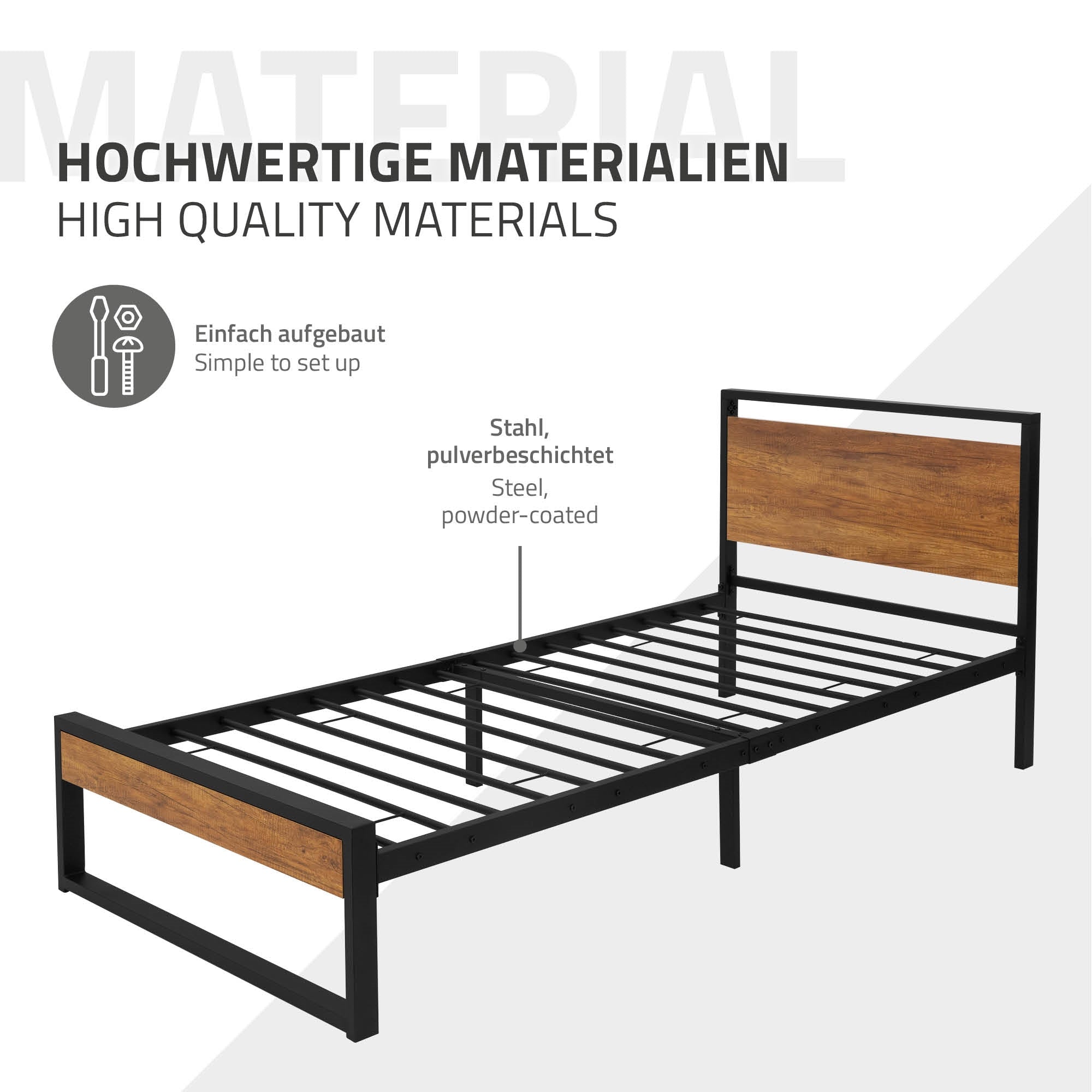 Bettgestell aus pulverbeschichtetem Stahl mit Holzoptik, von der Seite aufgenommen.