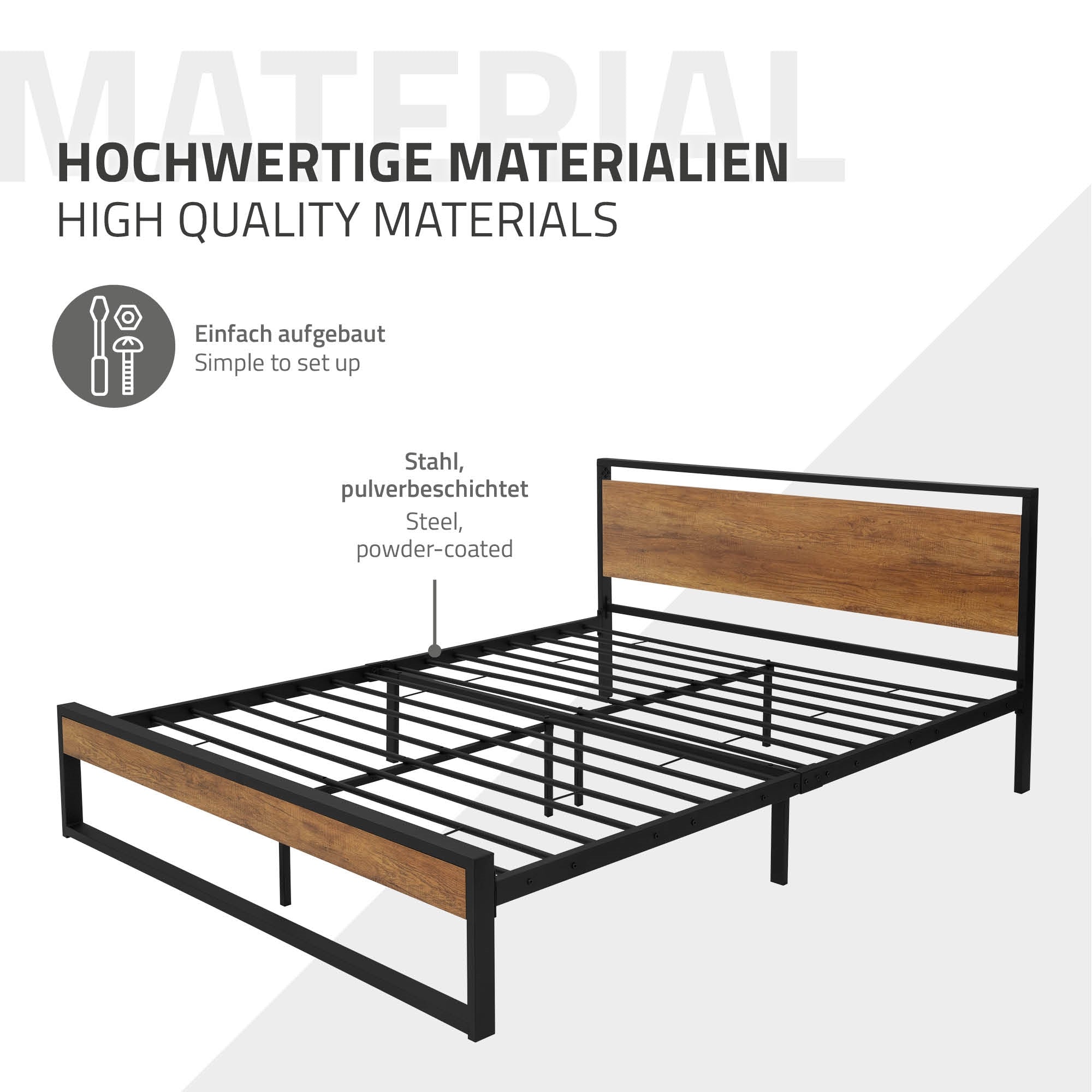 Metallbett mit Holzrahmen, einfach aufzubauen, aus pulverbeschichtetem Stahl.