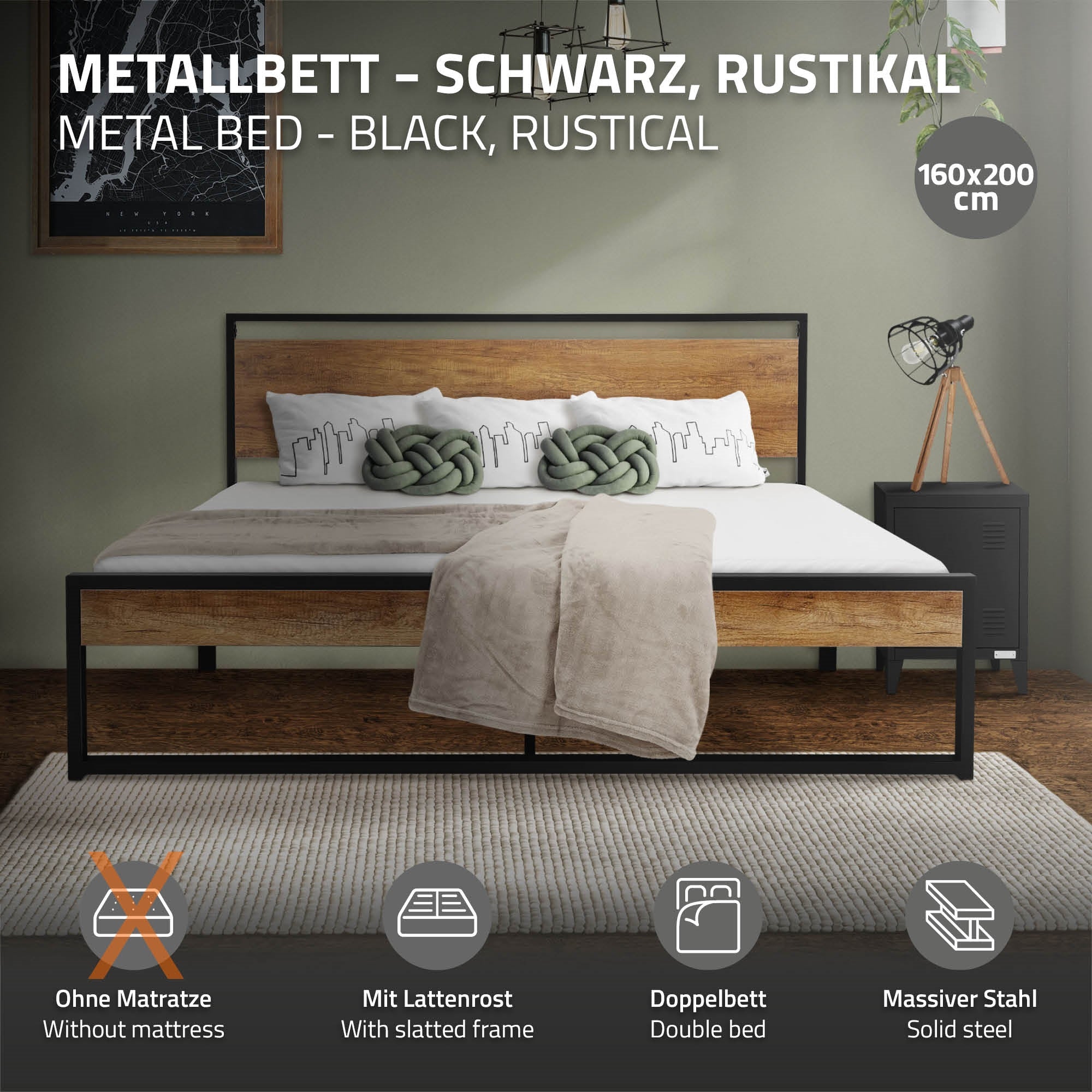 Metallbett in Schwarz mit rustikalem Holz, Größe 160x200 cm, ohne Matratze.