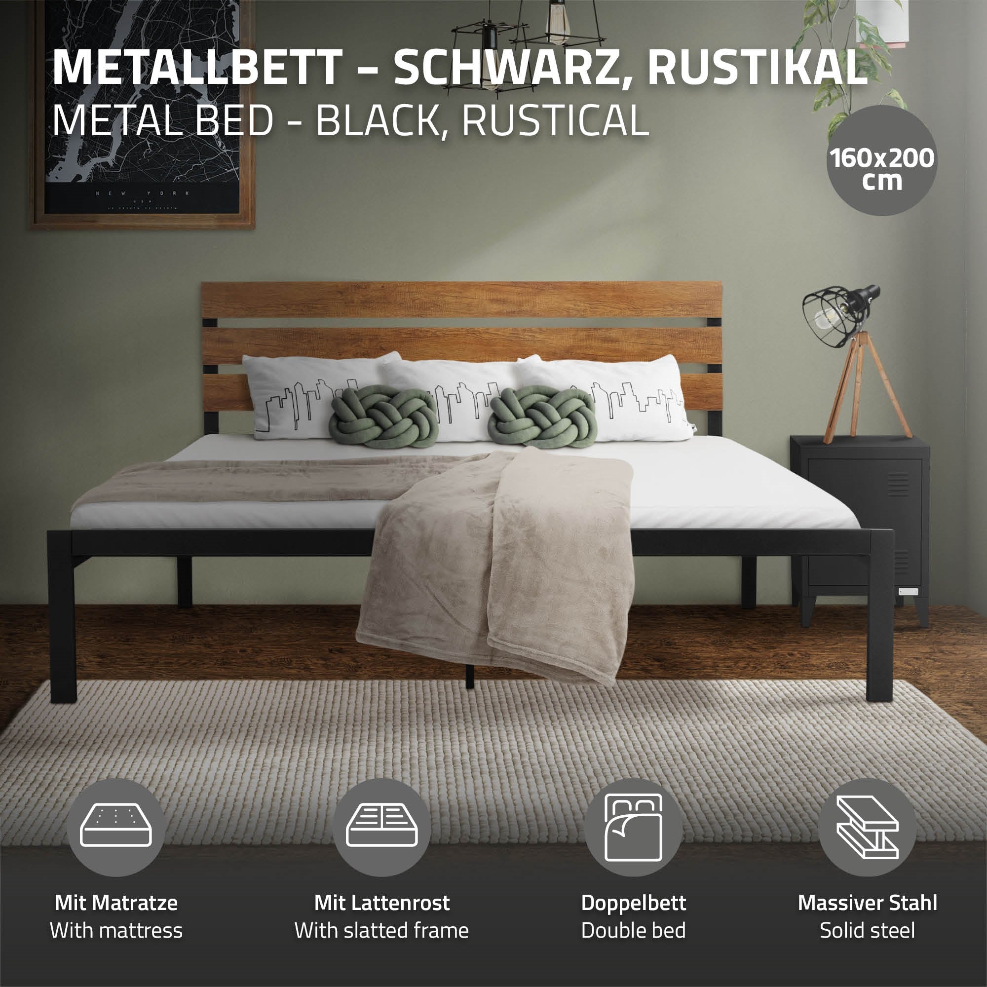 Metallbett in schwarz mit rustikalem Holzlattenkopfteil und Matratze.