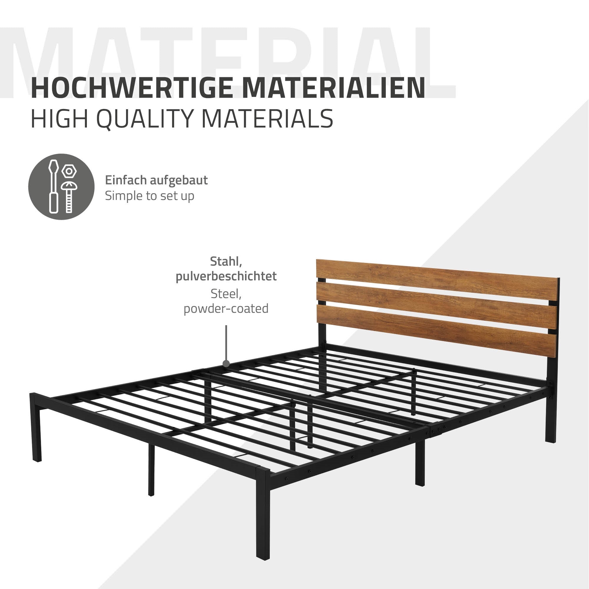 Bettgestell mit Holz- und Metallrahmen, einfache Montage, pulverbeschichtet.