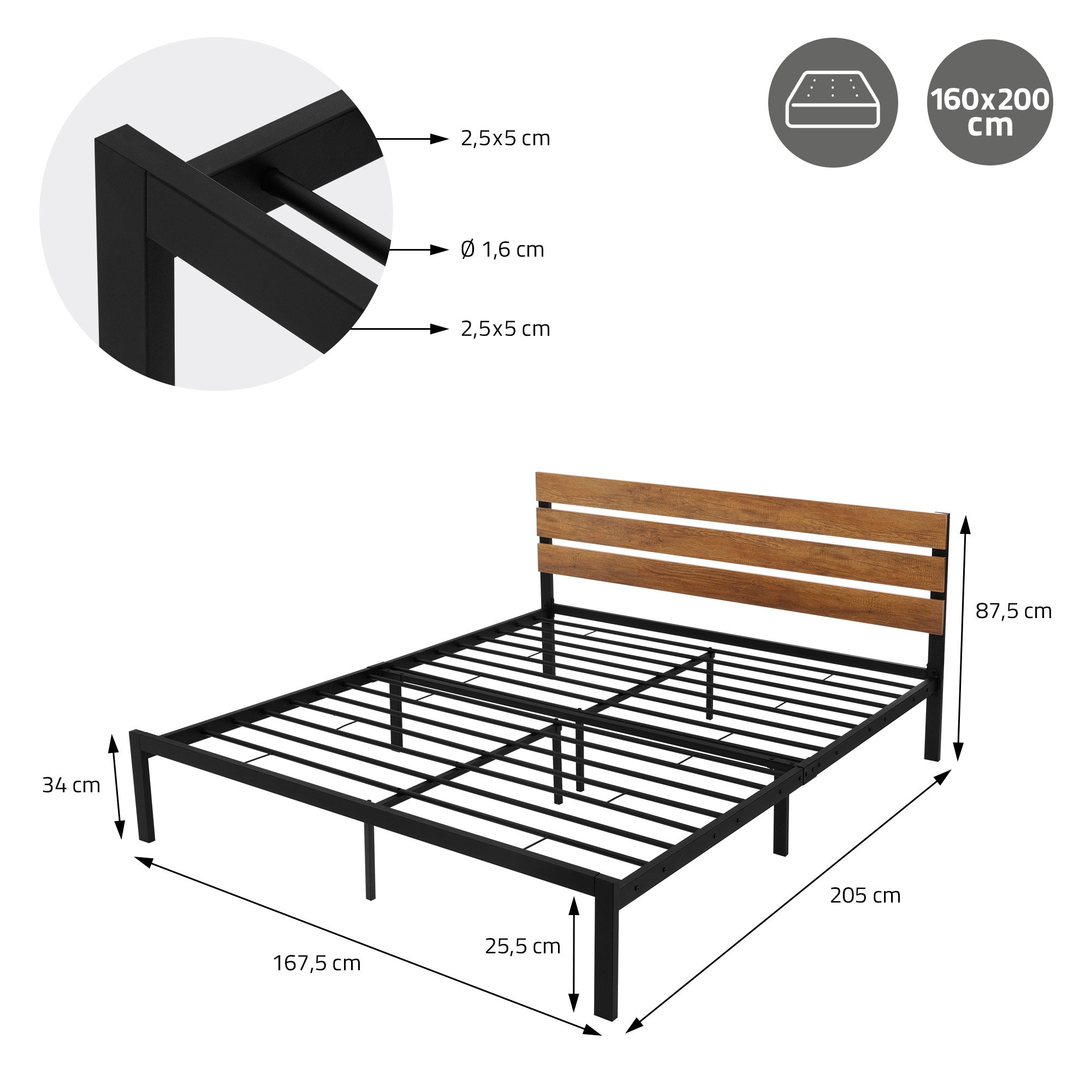 Bettgestell aus Metall mit Holzrücken, Maße und Details sind angegeben.