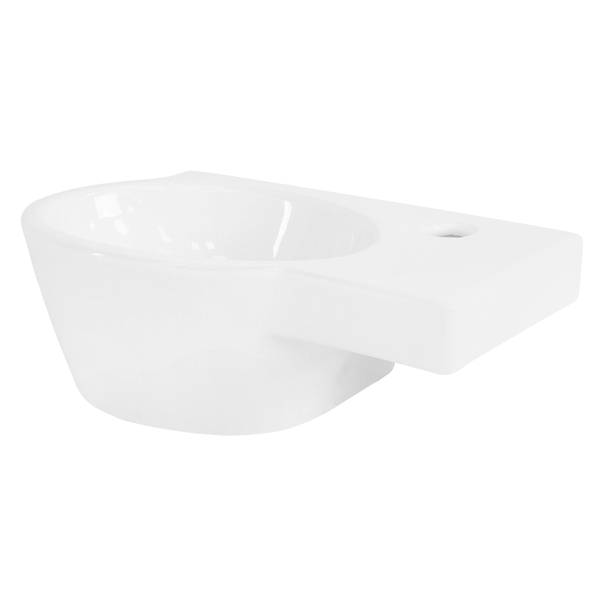Fehér falra szerelhető WC lapos hátsó résszel és oldalsó lyukkal.
