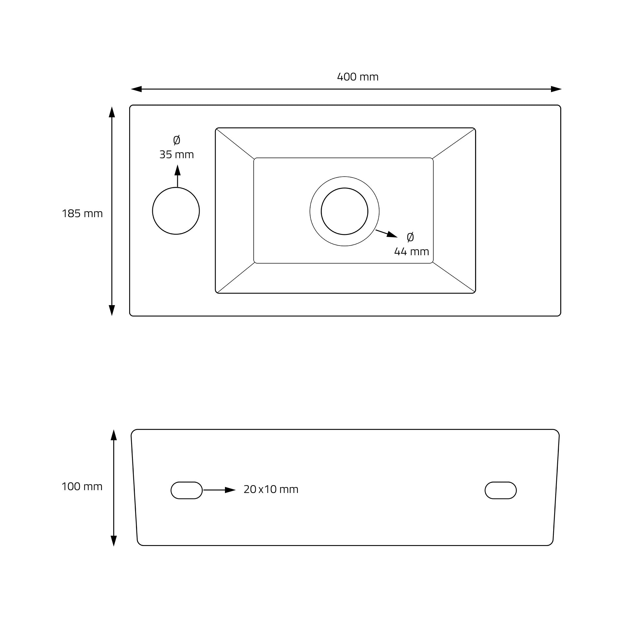 Disegno tecnico con misure di una scatola, rettangolare con aperture rotonde.