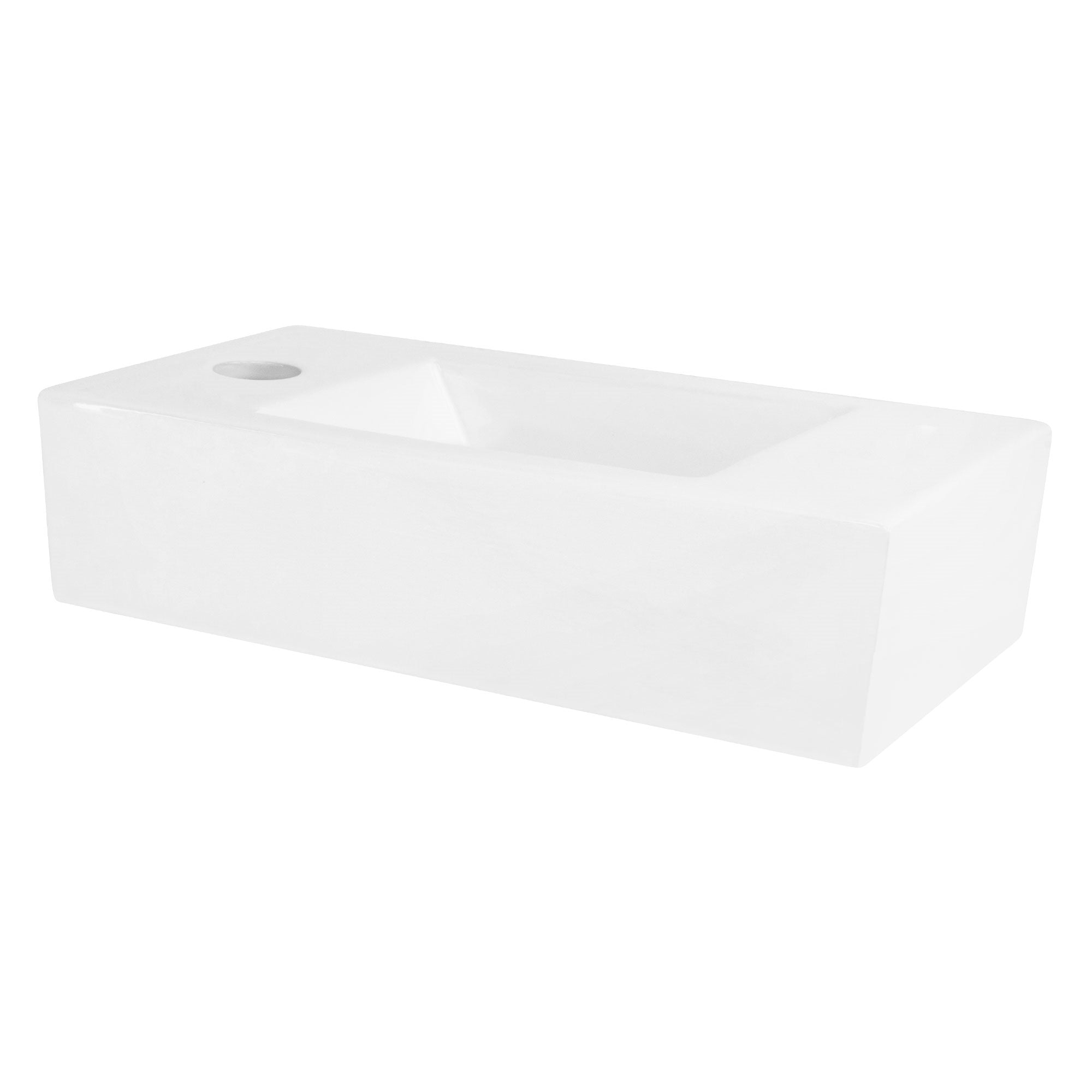 Rectangular white sink with an opening.