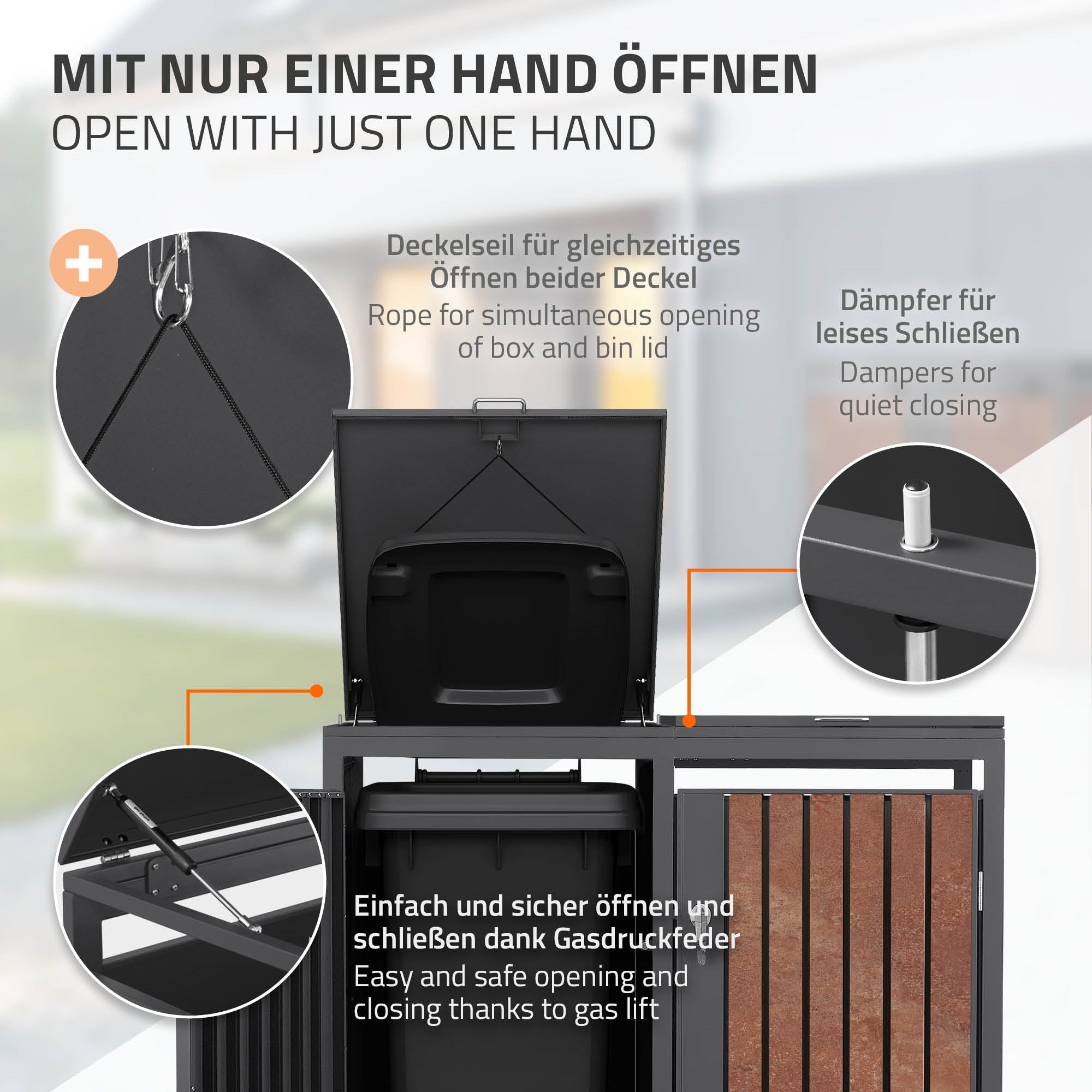 Mülltonnenbox mit offenem Deckel, zeigt Innenraum und Dämpfer.
