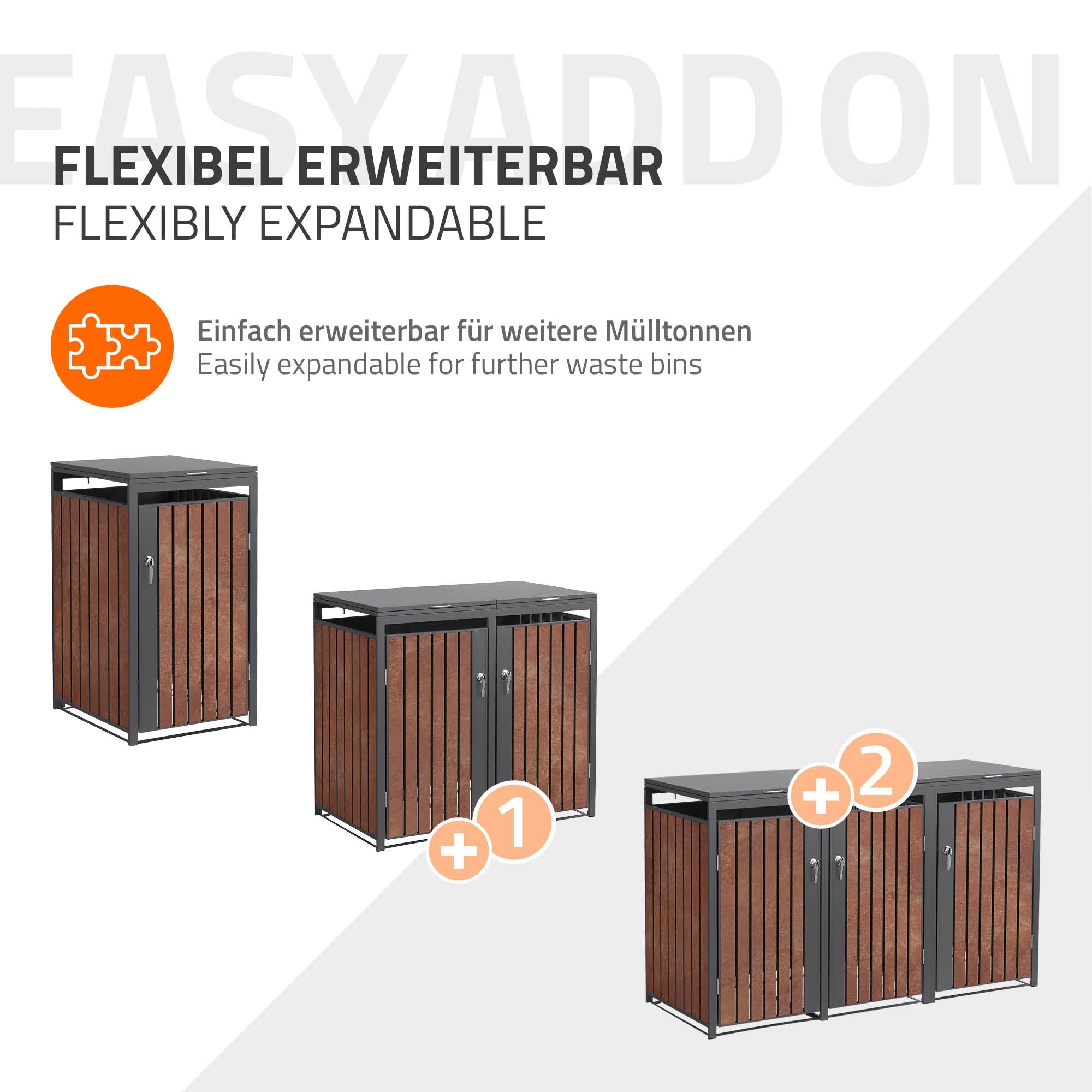 Erweiterbare Mülltonnenboxen, die flexibel angeordnet werden können.