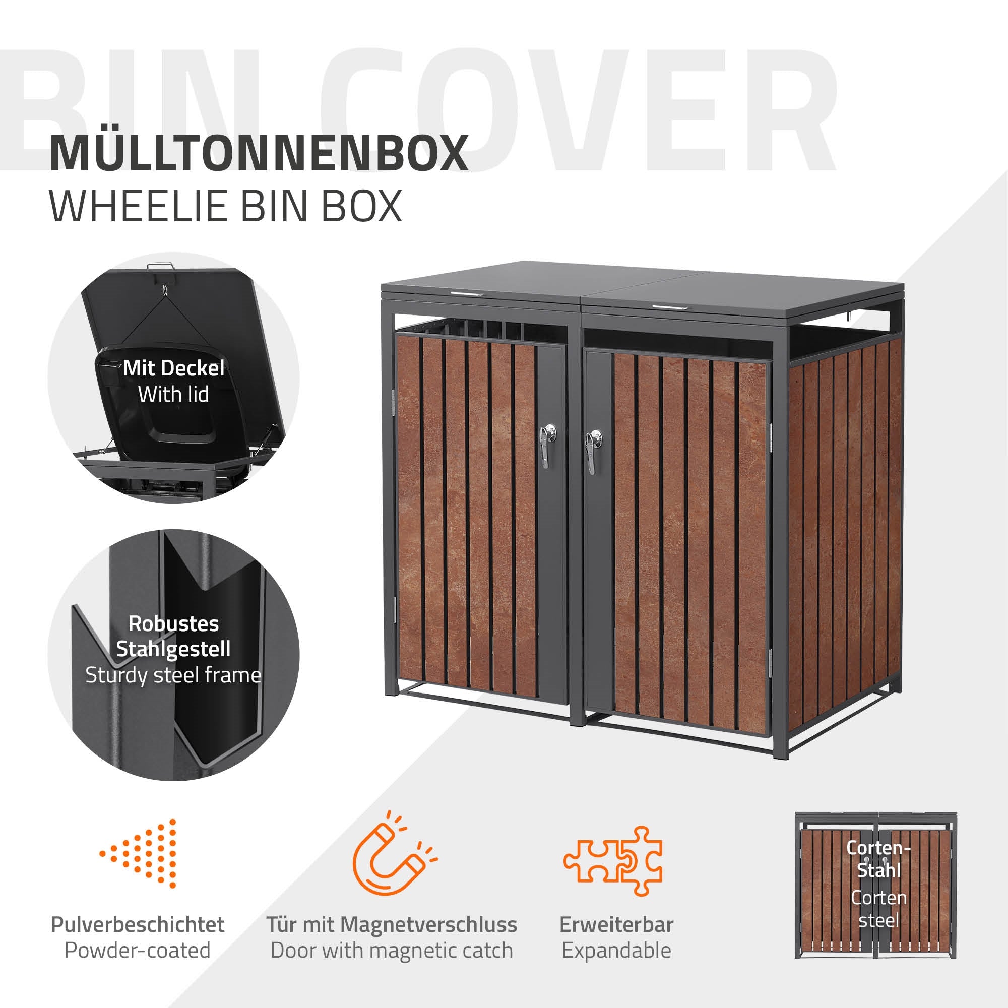 Box per contenitori della spazzatura con due scomparti e un coperchio, in acciaio e legno.