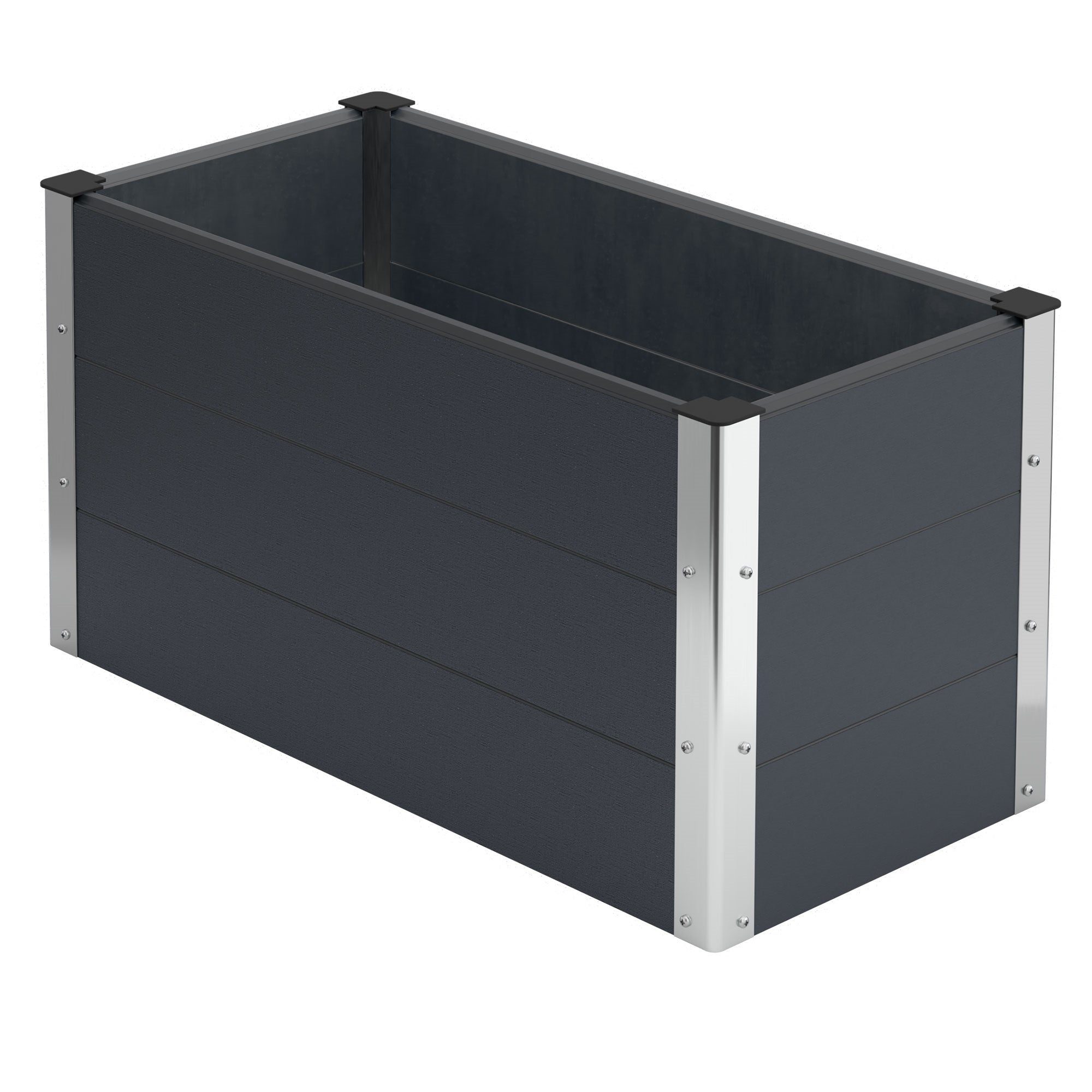 Caja de plantas negra en otra perspectiva, con bordes claros.