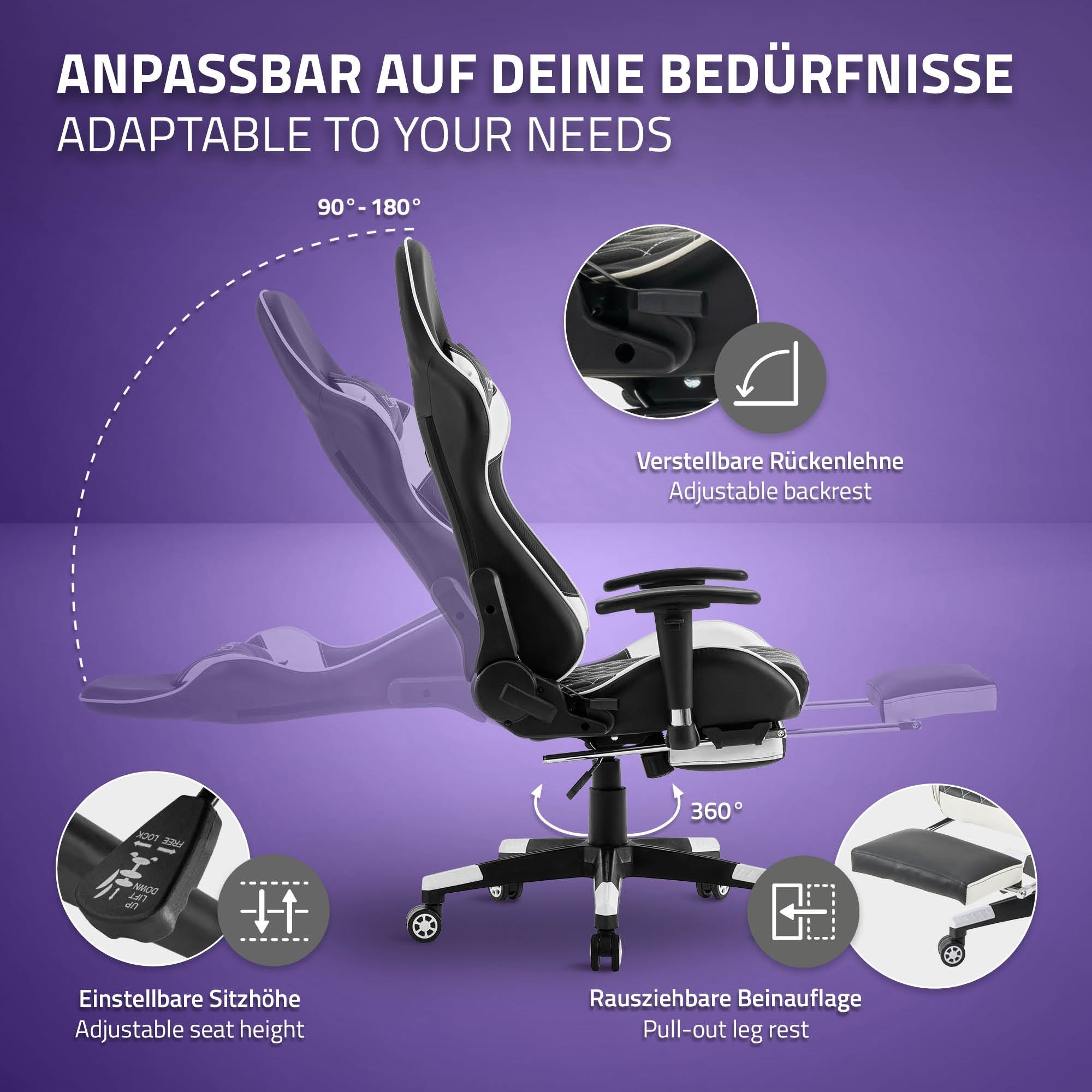 Gaming-Stuhl mit verstellbarer Rückenlehne und herausziehbarer Beinauflage.