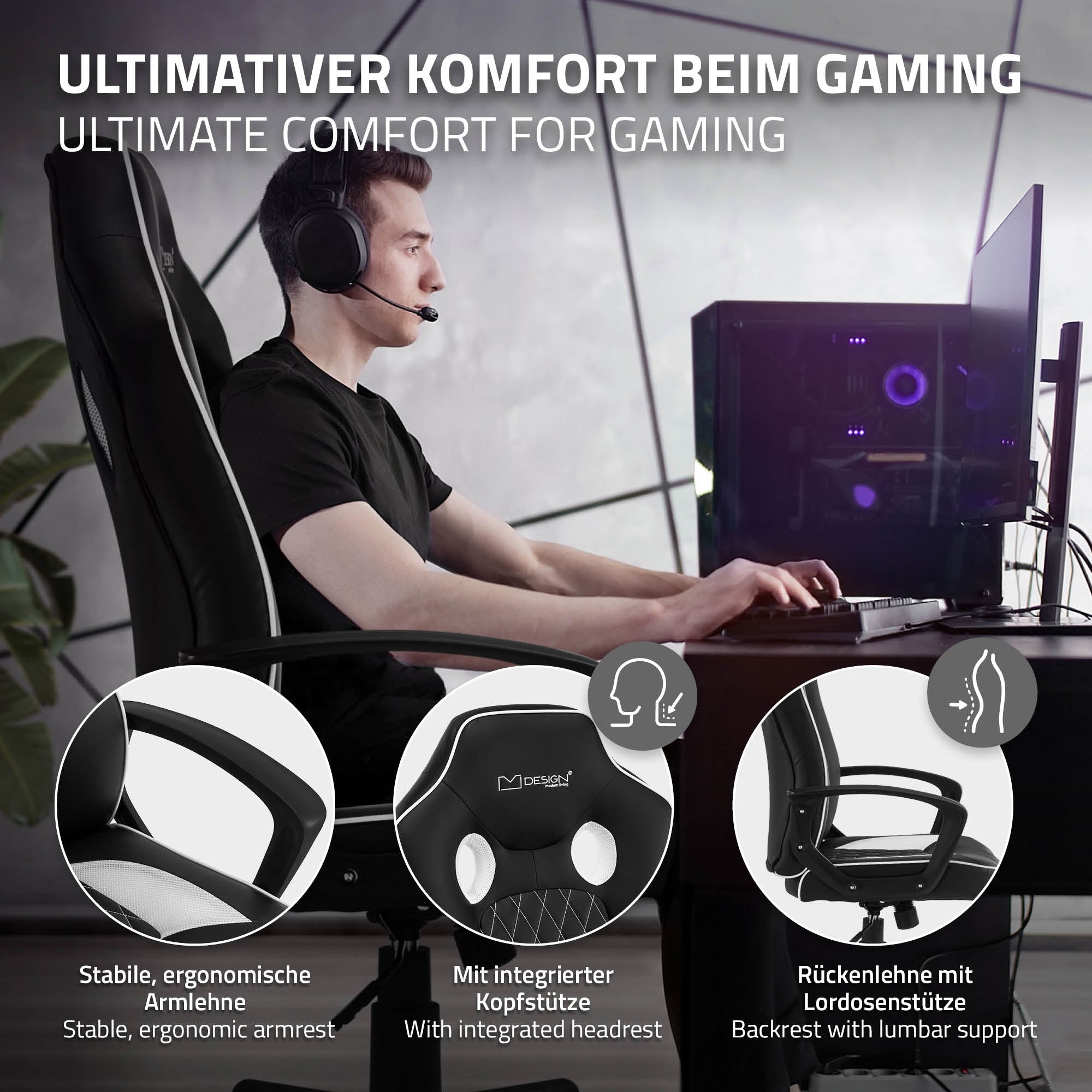 Vue détaillée d'une chaise de gaming avec accoudoirs ergonomiques et appui-tête.