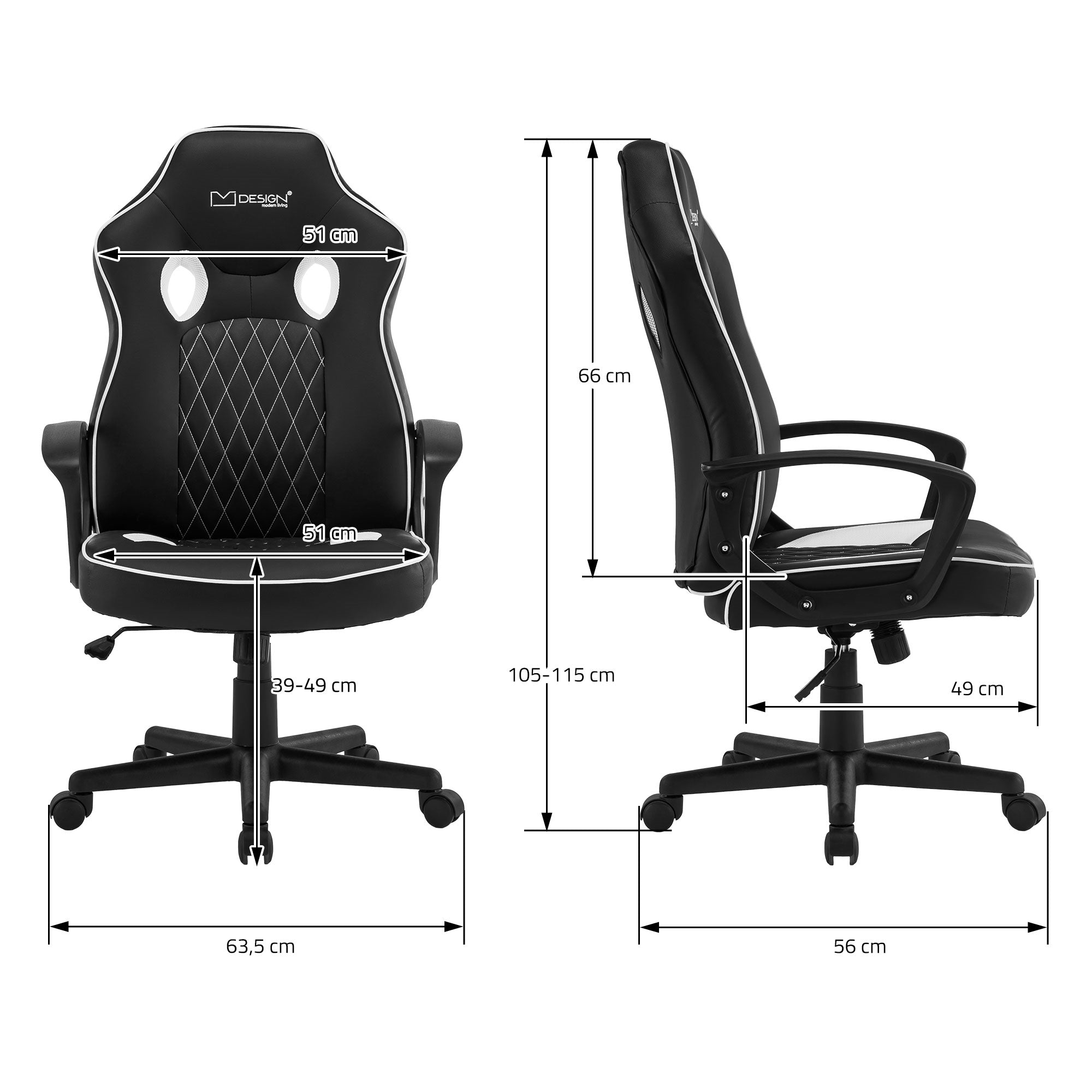 Dessin technique de la chaise de gaming avec différentes dimensions.