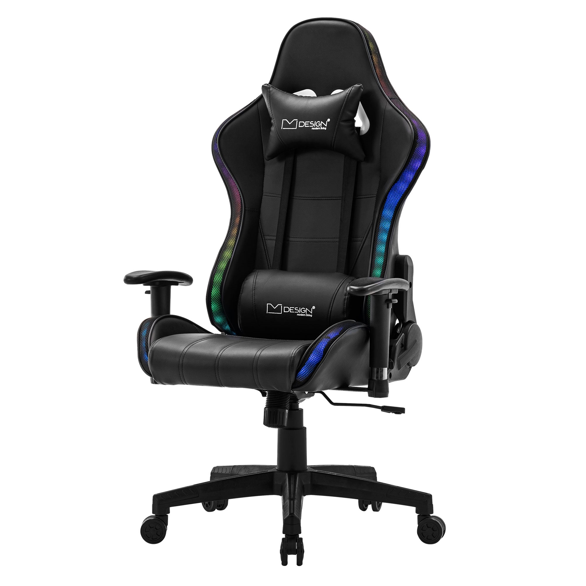 Chaise de bureau noire avec des lumières LED colorées sur un fond blanc.