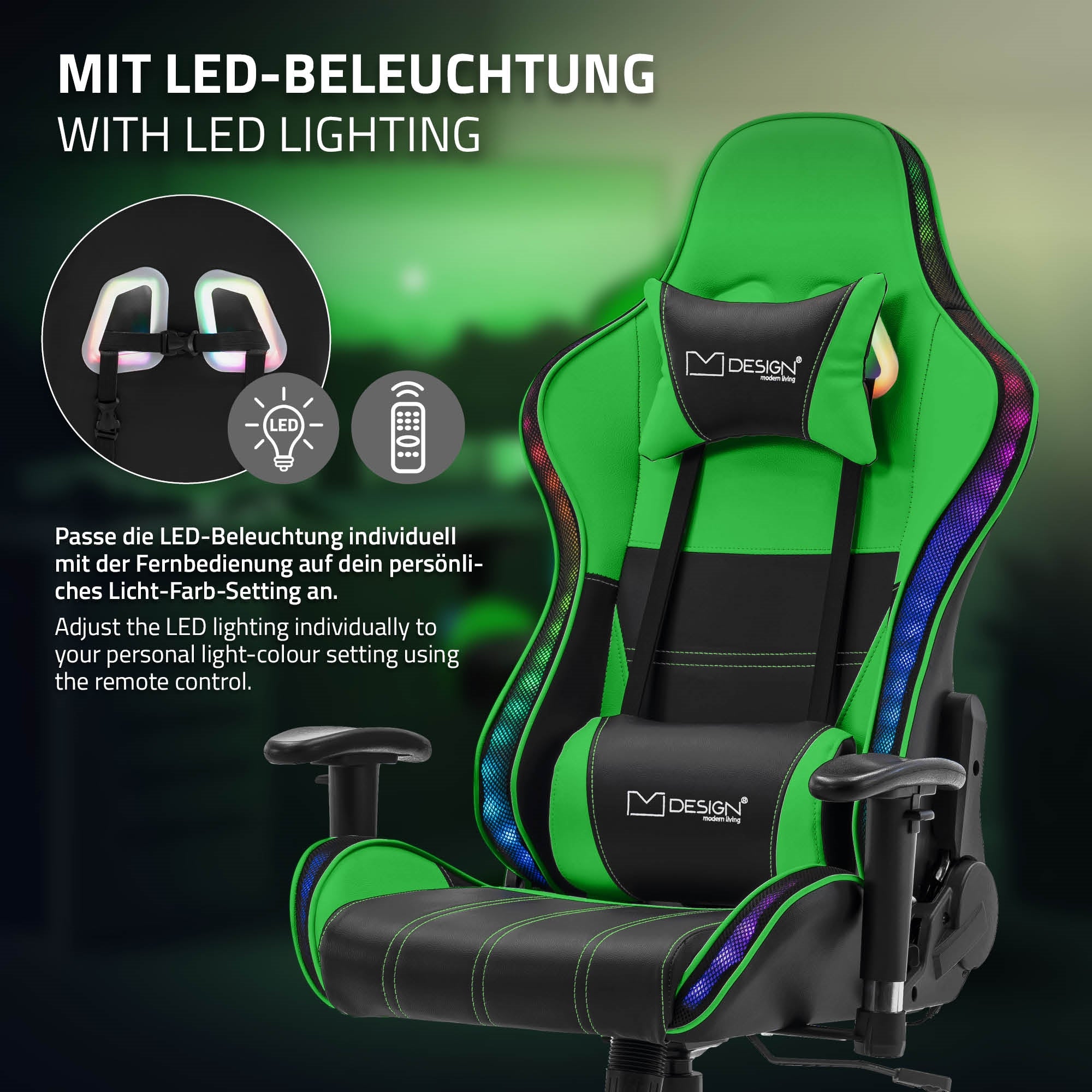 Grüner Gaming-Stuhl mit LED-Beleuchtung und Fernbedienung.