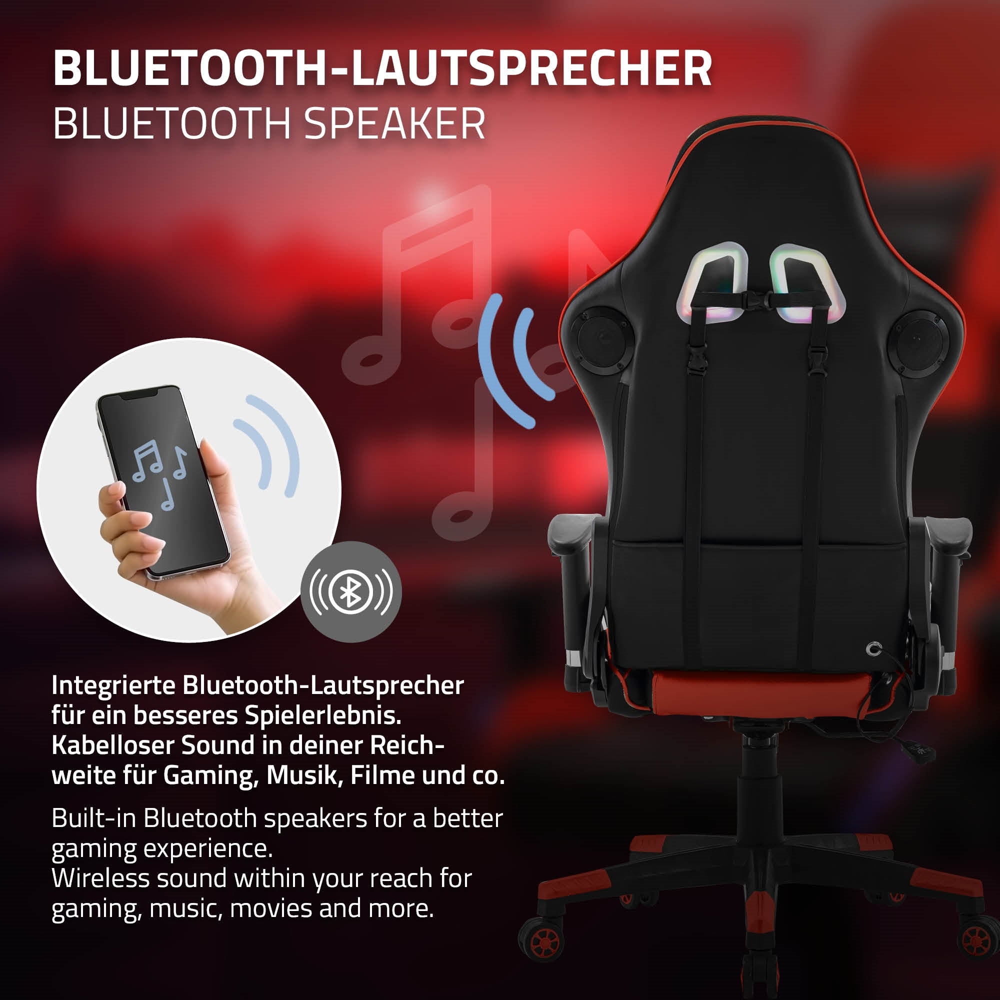 Sedia da gaming nera con altoparlanti Bluetooth e smartphone in mano.