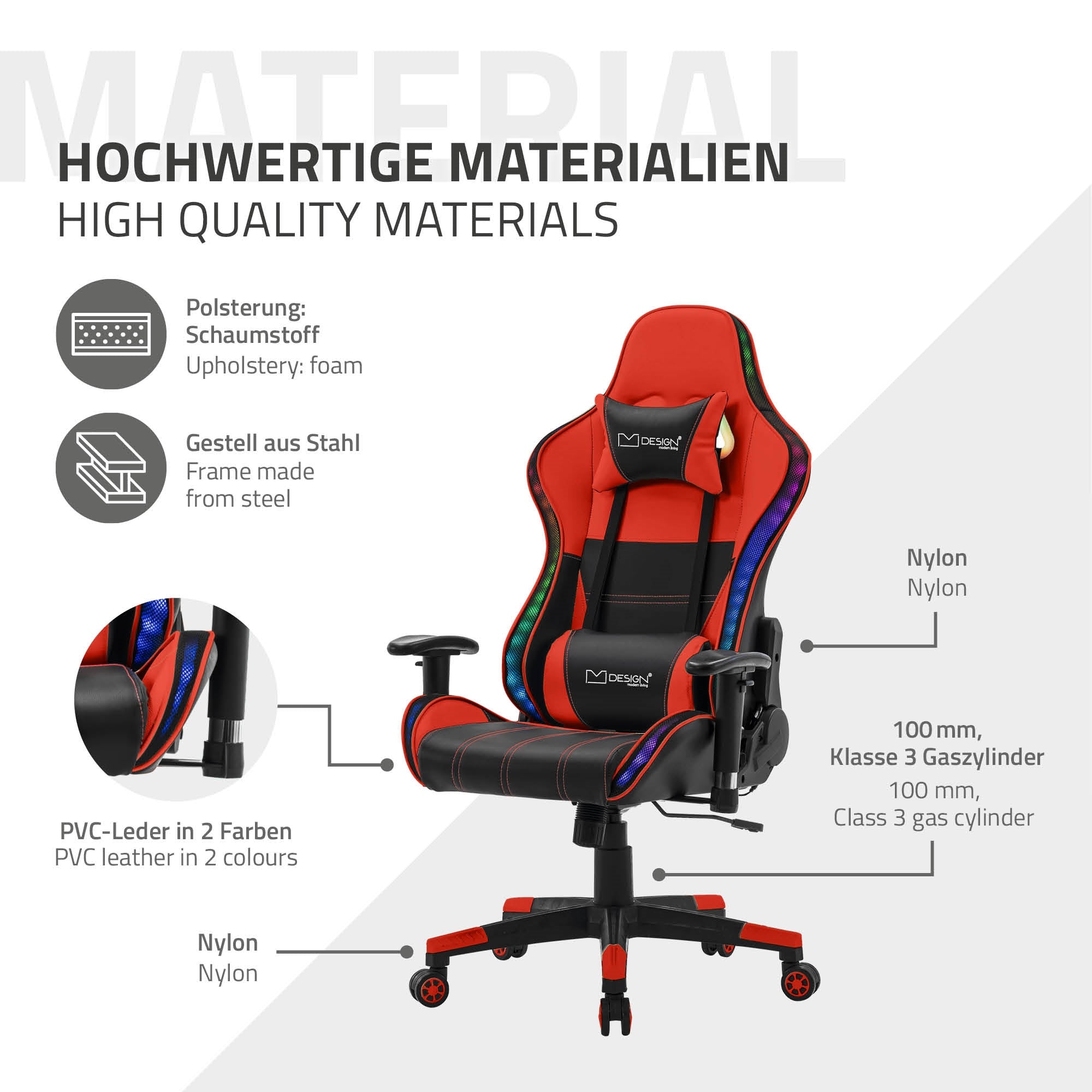 Grafik eines Gaming-Stuhls mit Materialbeschreibung und technischen Details.