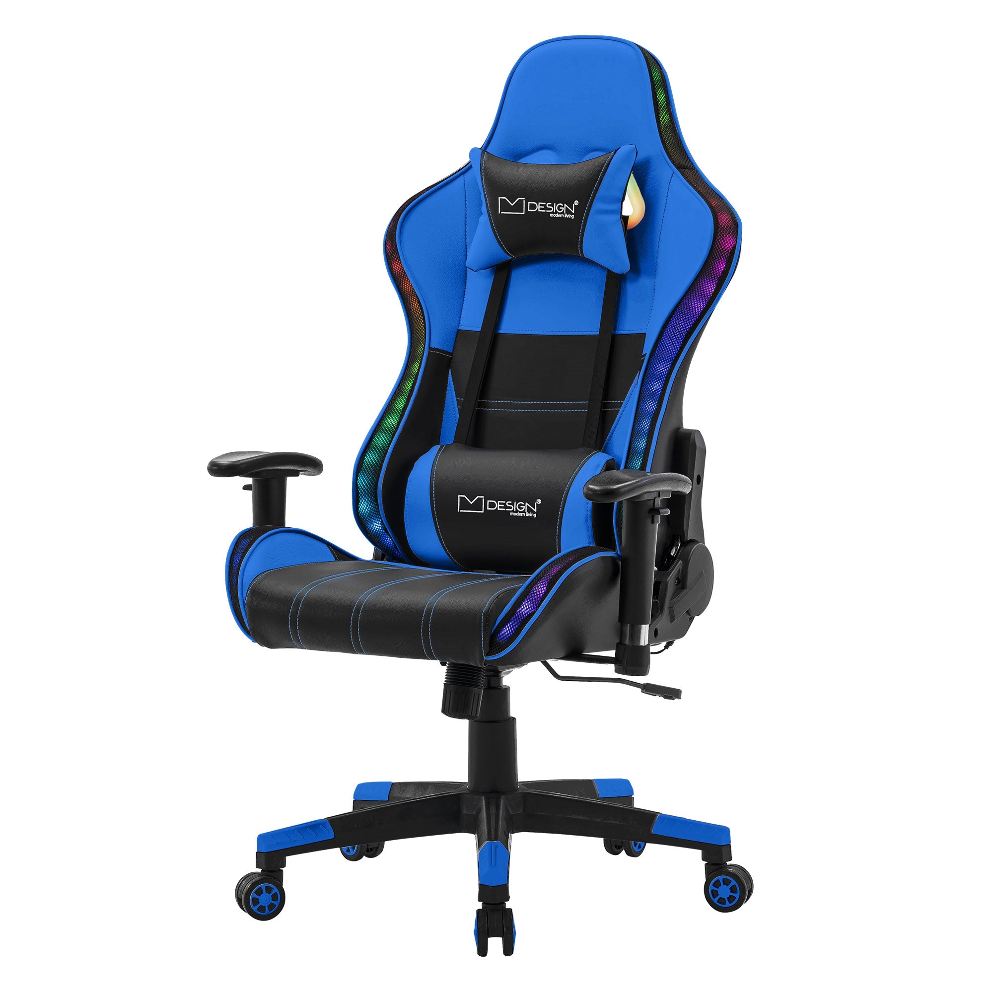 Chaise de gaming bleue avec revêtement noir et accents colorés.