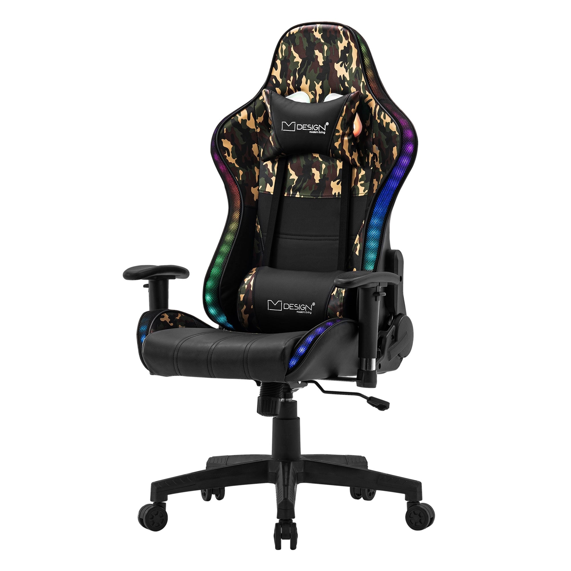 Chaise de gaming avec motif camouflage et éclairage LED.