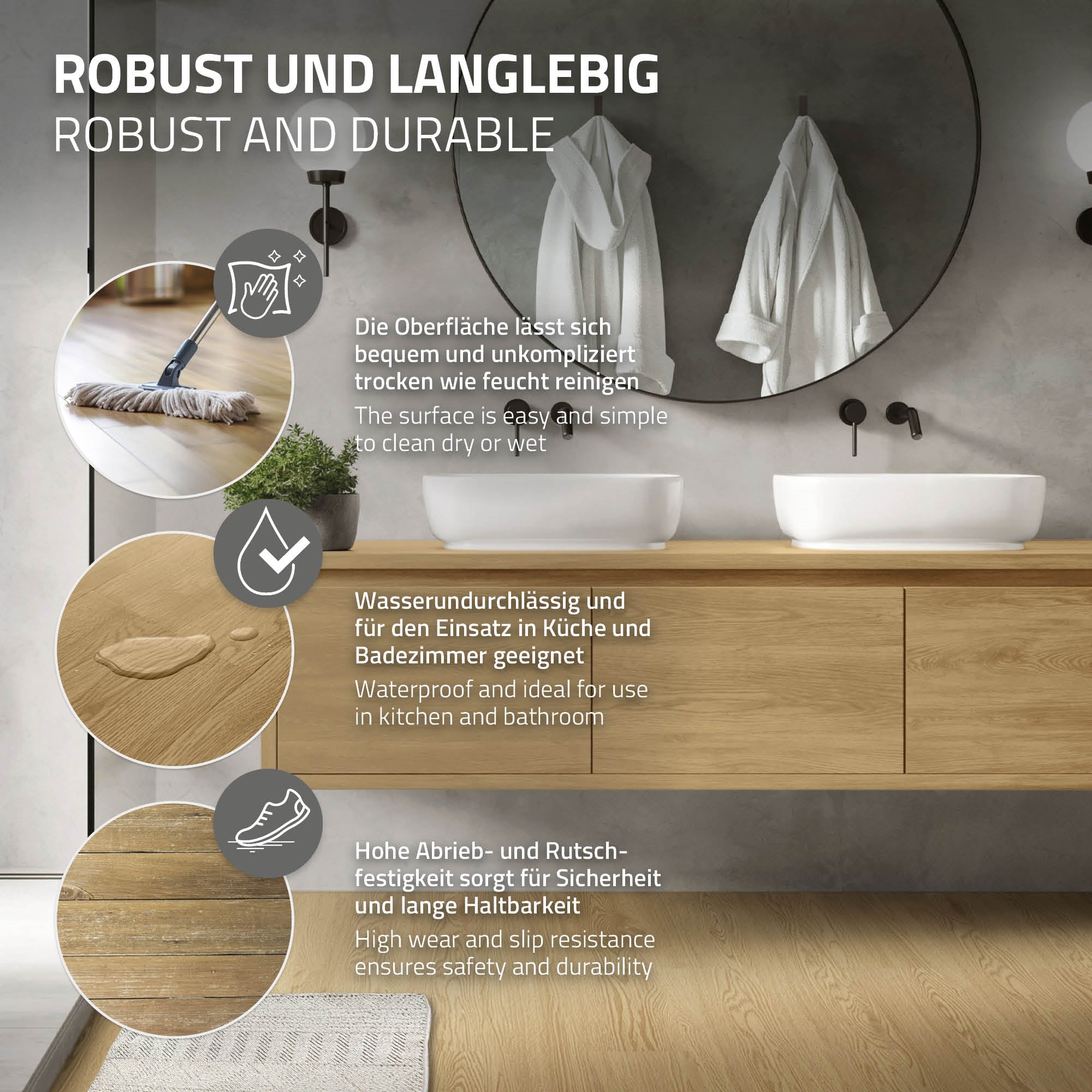 Badezimmermöbel mit Informationen zu Robustheit und Pflege auf einem Bild.