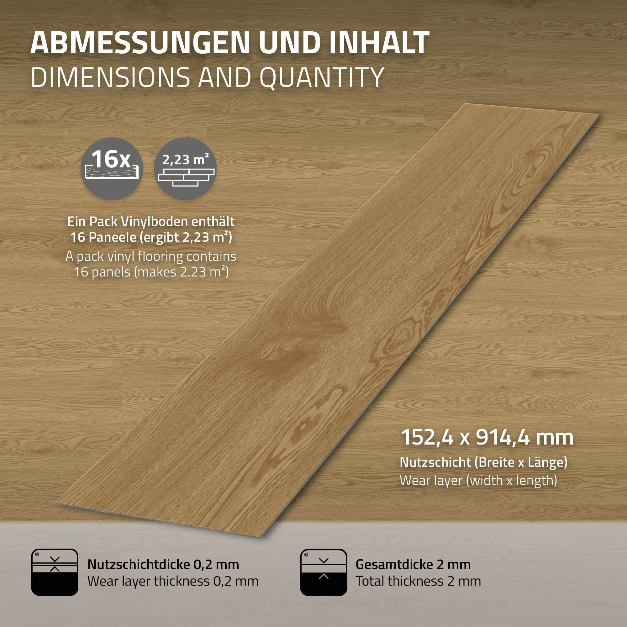Ein Vinylboden mit Abmessungen und Inhalt, 16 Paneele, 152,4 x 914,4 mm.