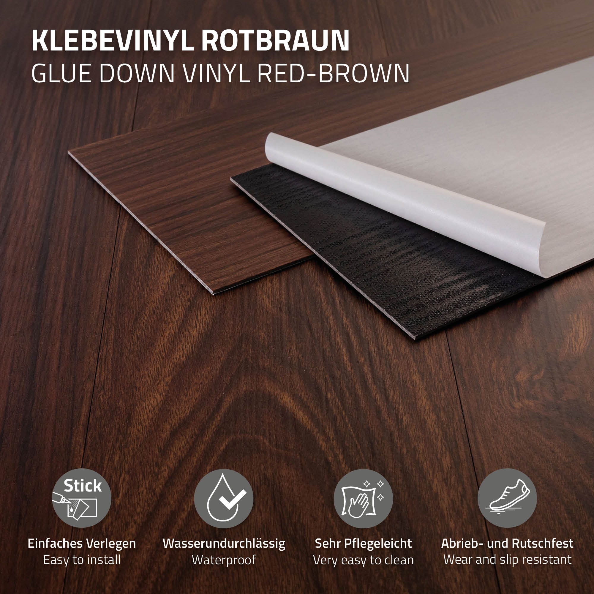 Grafiek met informatie over kleefvinyl in roodbruin, waterdicht en onderhoudsvriendelijk.