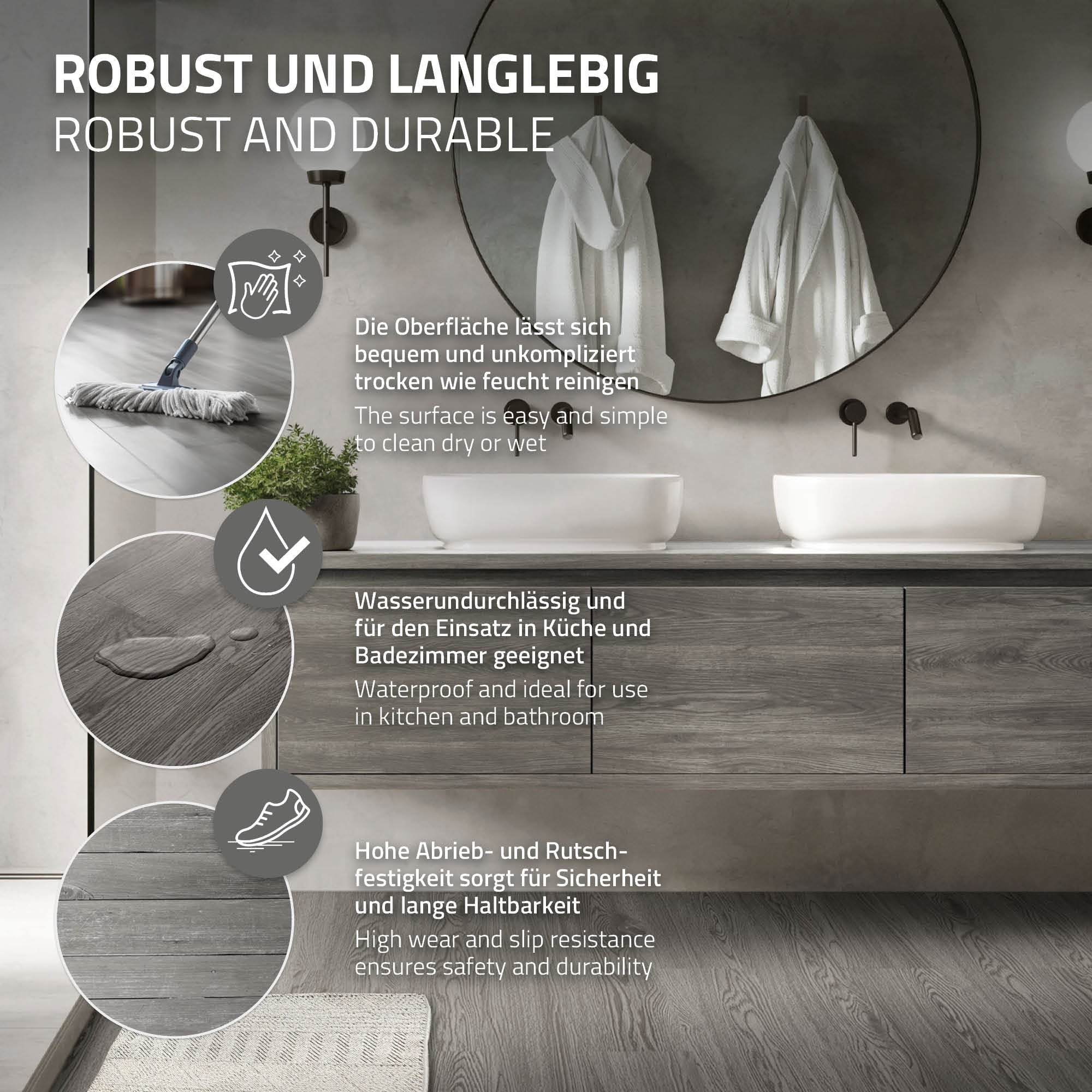 Graphique avec des informations sur des surfaces robustes et durables pour la cuisine et la salle de bain.