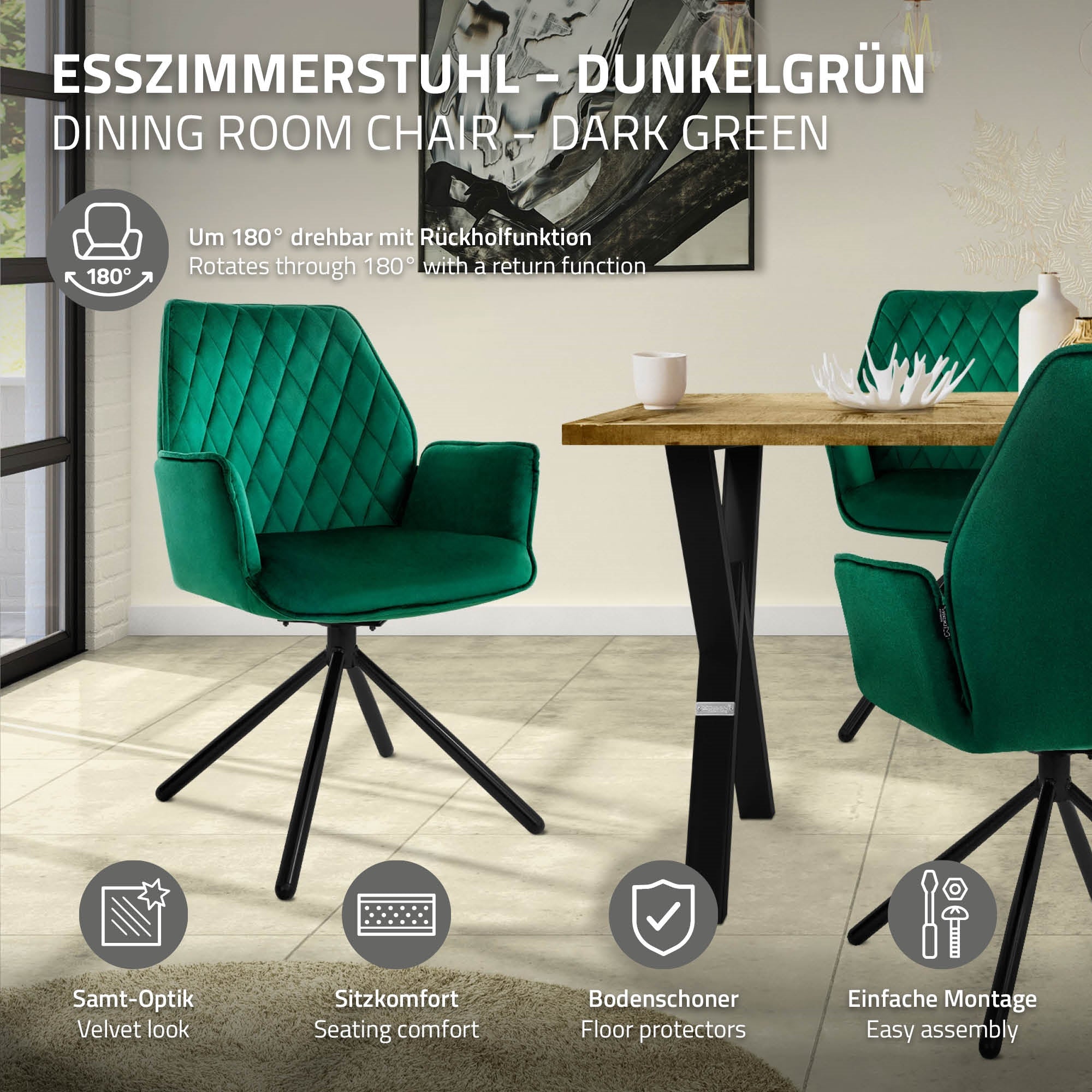 Dunkelgrüner Esszimmerstuhl mit drehbarer Funktion und Tisch im Hintergrund.