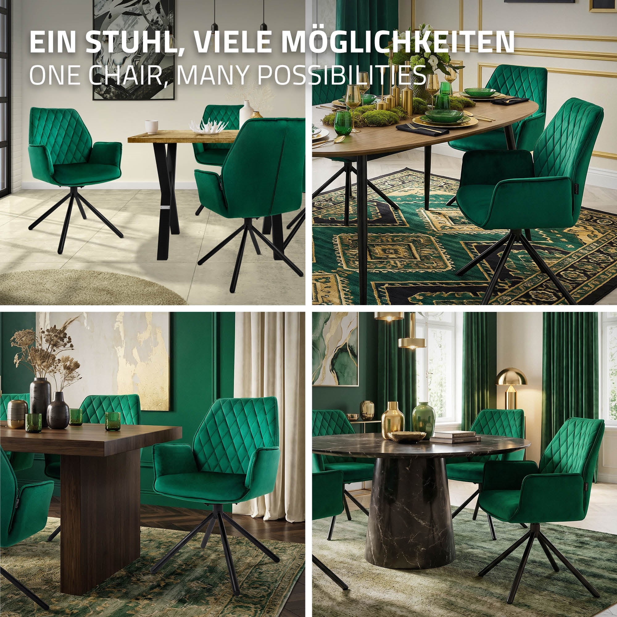 Verschiedene Essbereiche mit grünen Stühlen und Tischen in unterschiedlichen Arrangements.
