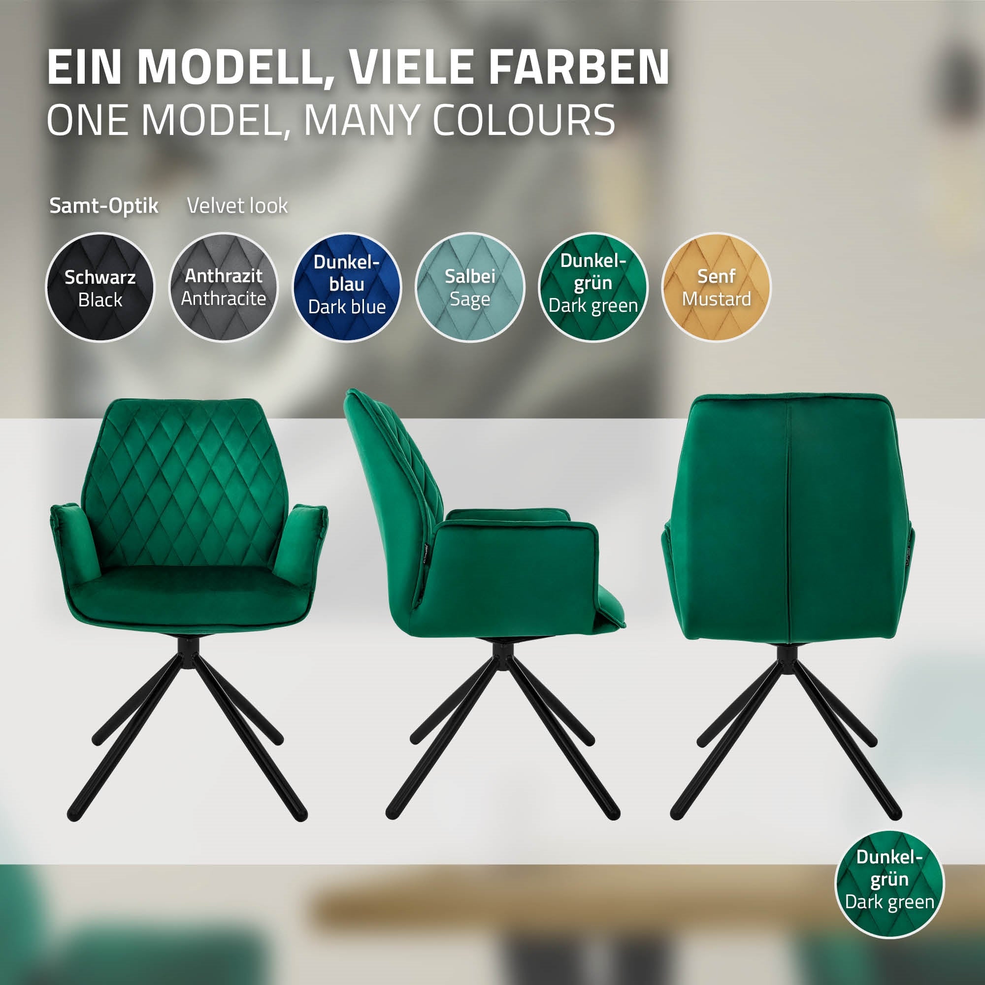 Drei Stühle in verschiedenen Farben auf einem hellen Hintergrund.