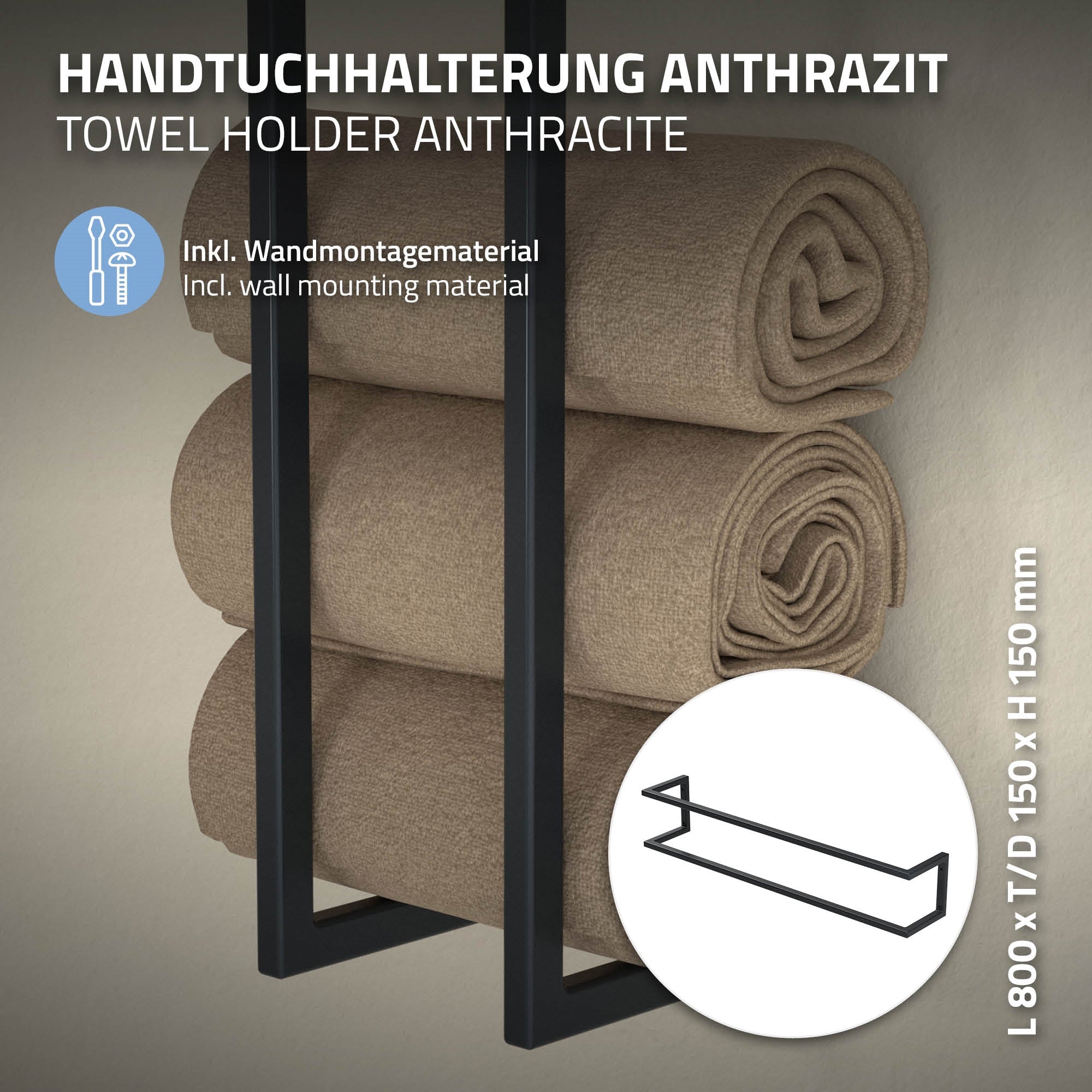 Porte-serviettes anthracite avec trois serviettes roulées.