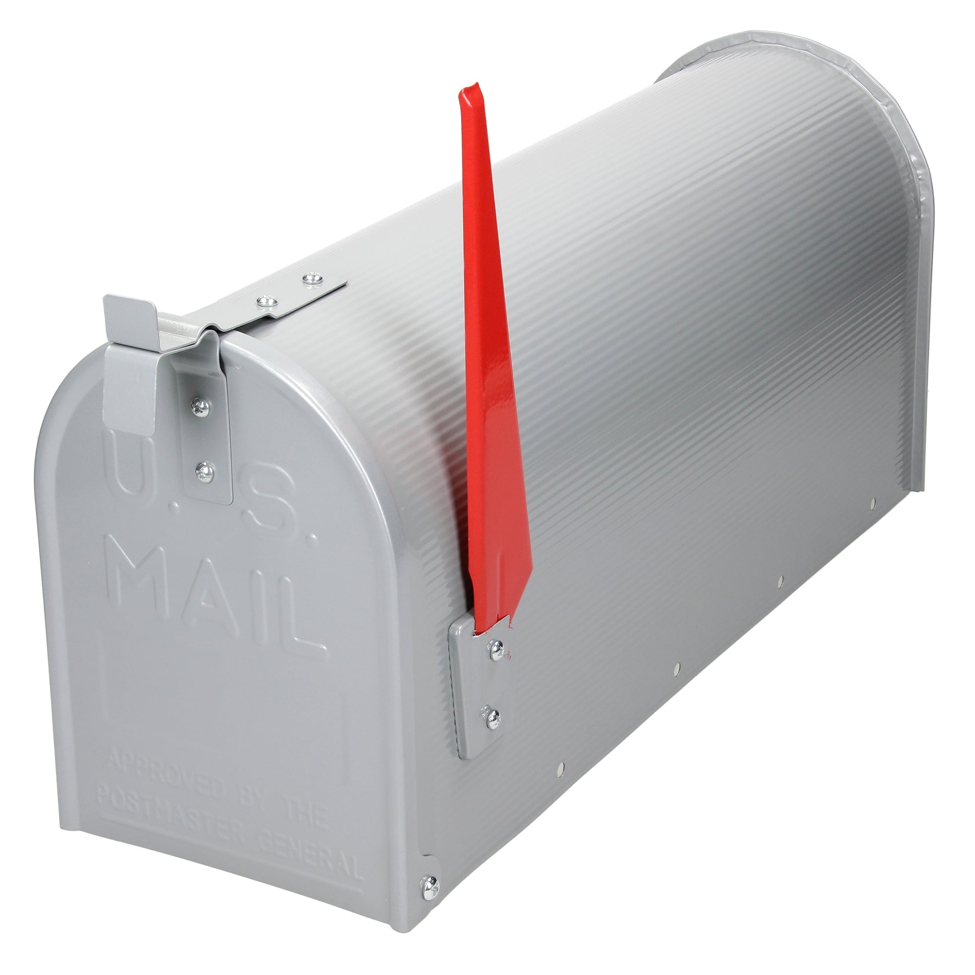 Grauer Briefkasten mit rotem Fahnenhebel, auf einem weißen Hintergrund.