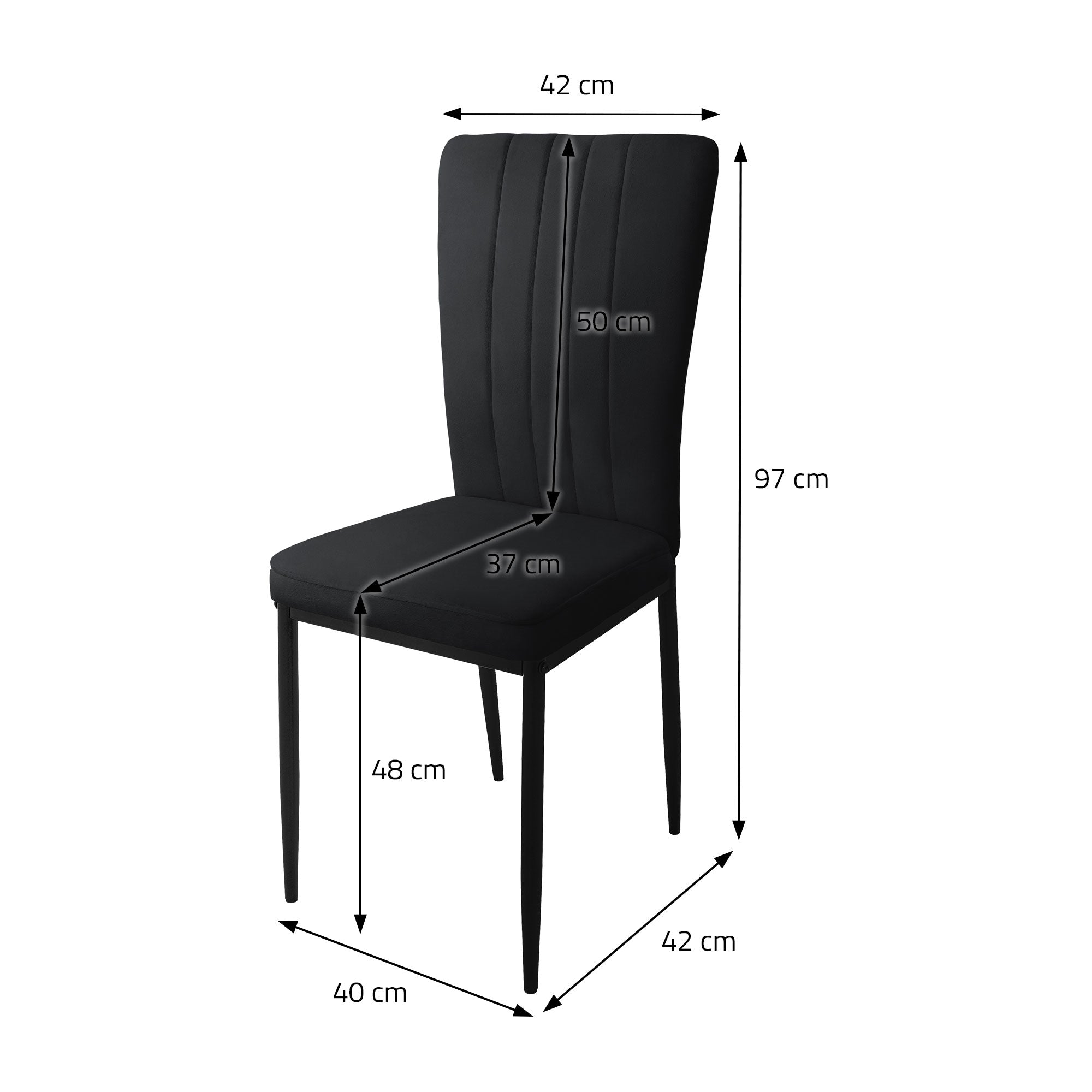 Dimensioni per una sedia nera, altezza 97 cm, larghezza 42 cm.