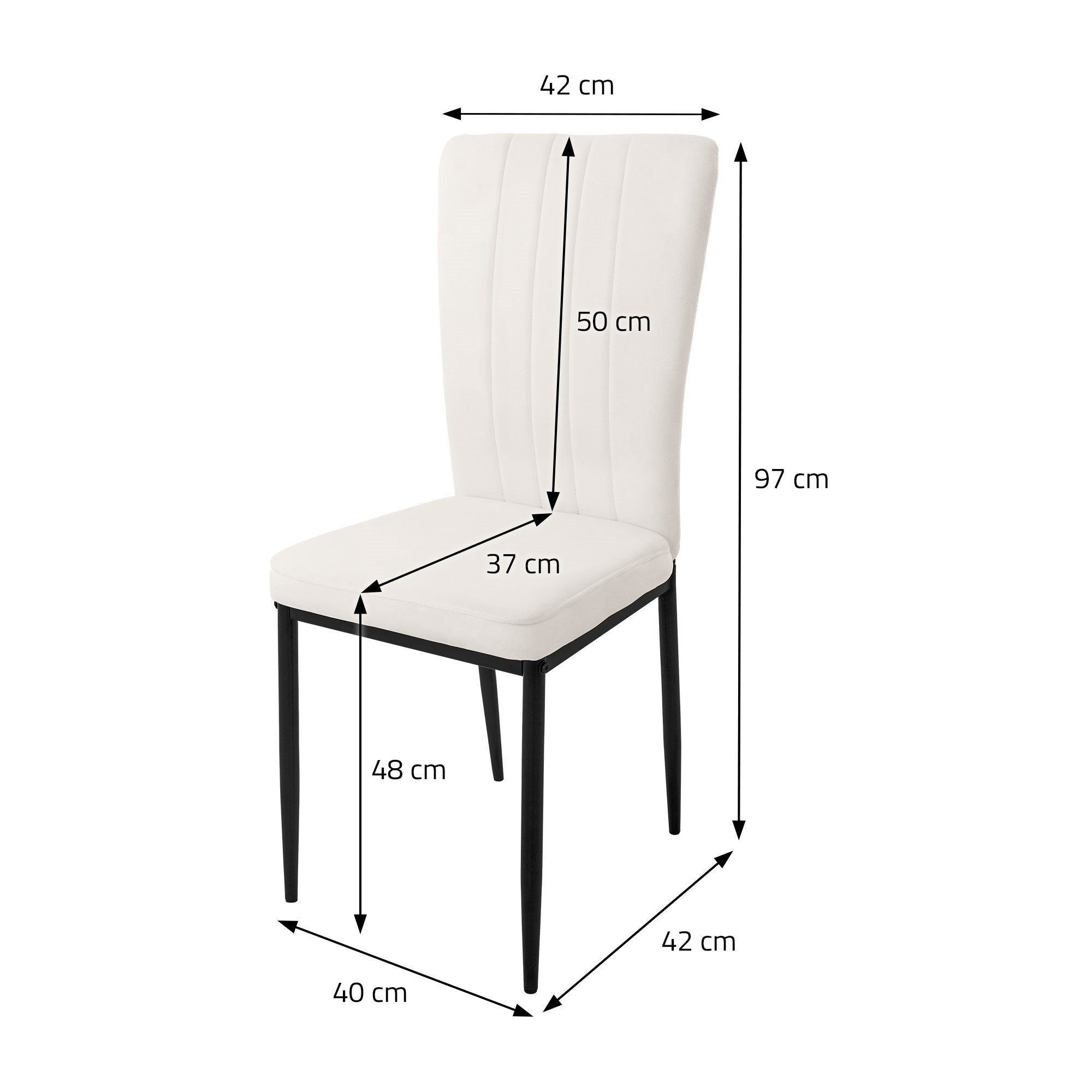 Especificaciones de medidas de una silla blanca con patas negras.