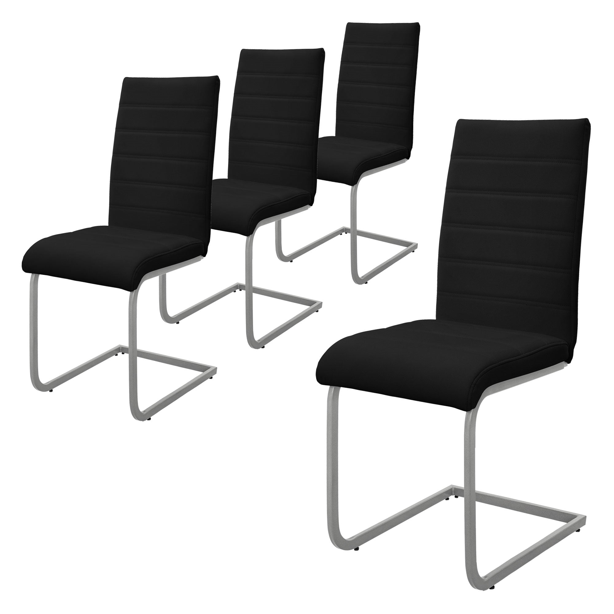 Four black chairs with metal frame in a row.