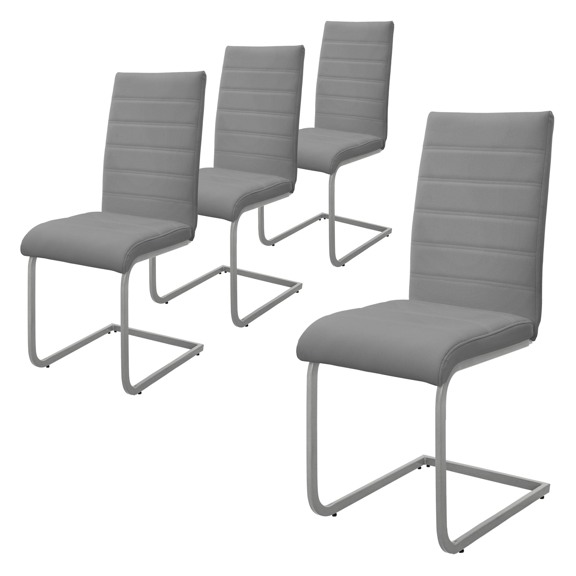 Čtyři šedé židle s moderním designem na bílém pozadí.