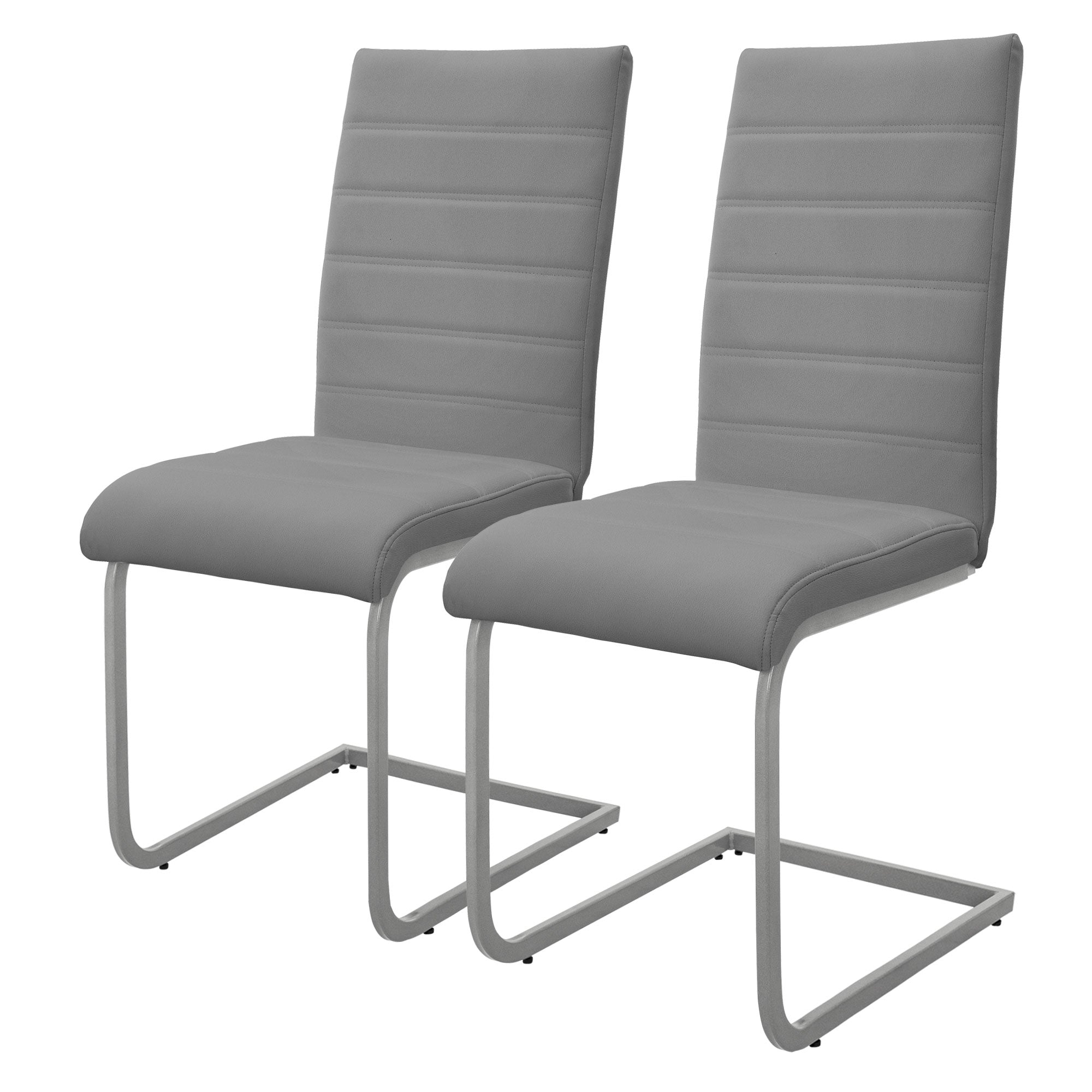 Two gray chairs with padded seats and metal frames.