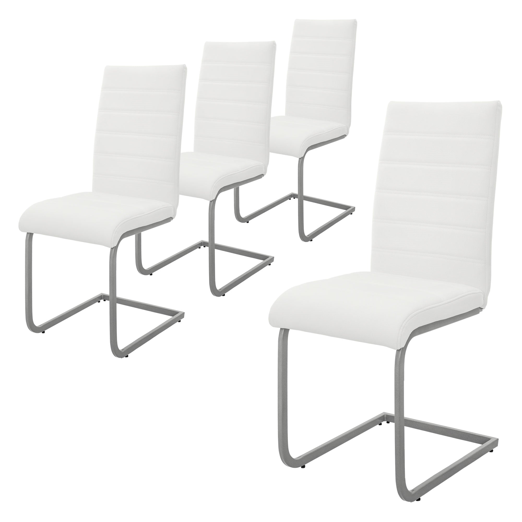 Čtyři bílé židle s moderním designem na bílém pozadí.