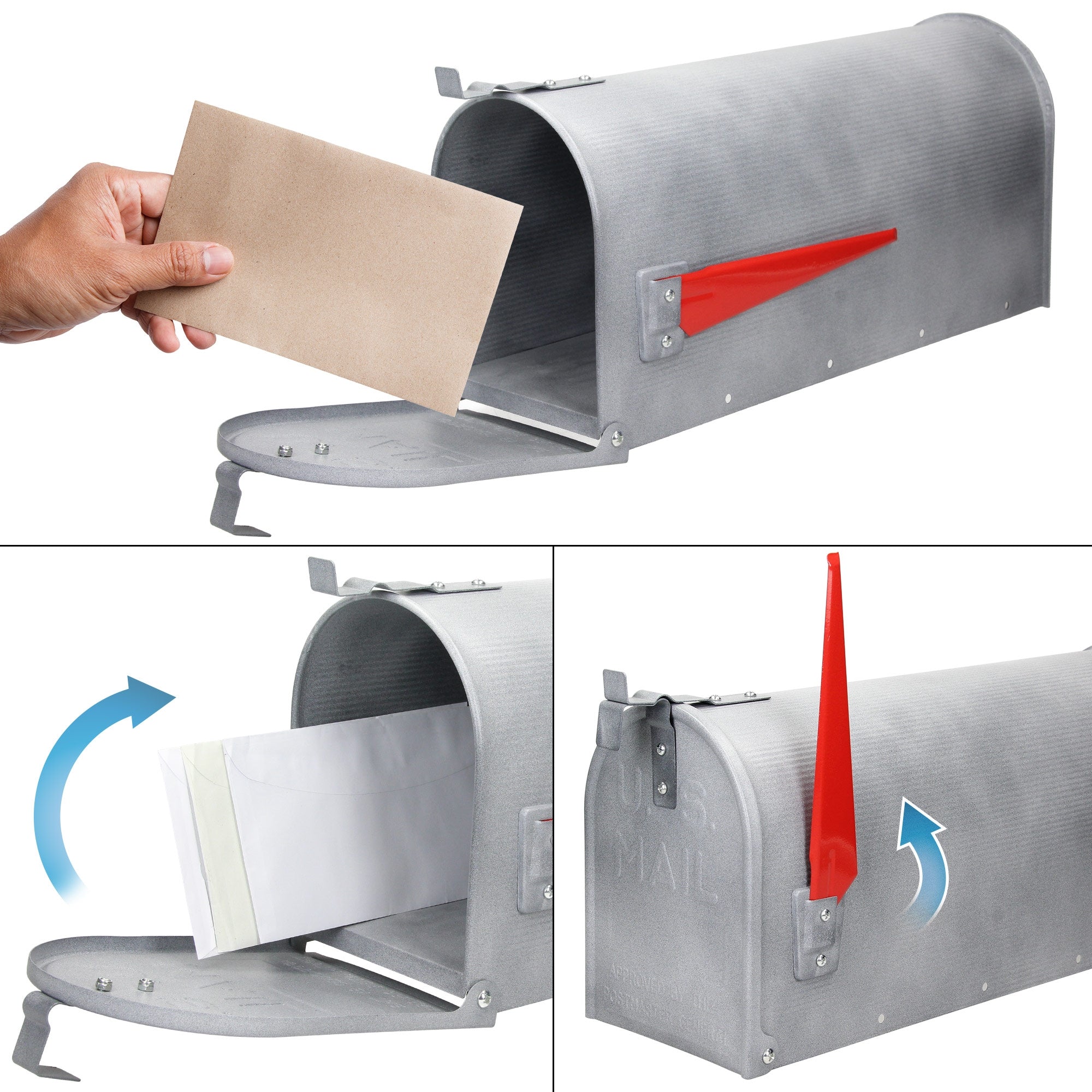 Szürke postaláda nyitott fedéllel és levél a kezében.
