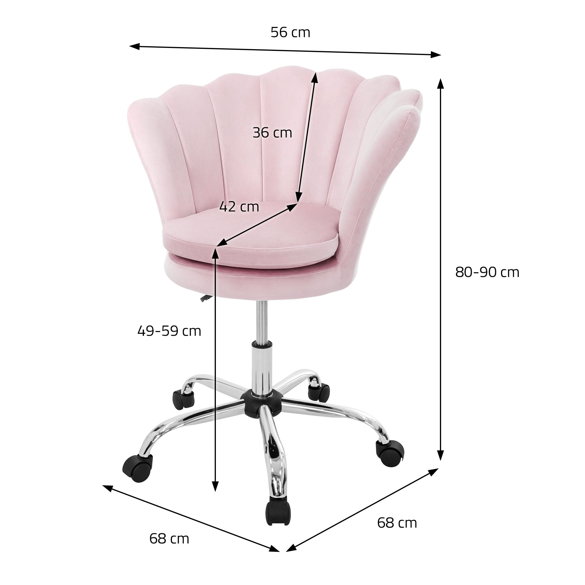 Rosa Bürostuhl mit Maßen: Höhe 80-90 cm, Breite 68 cm, Tiefe 56 cm.
