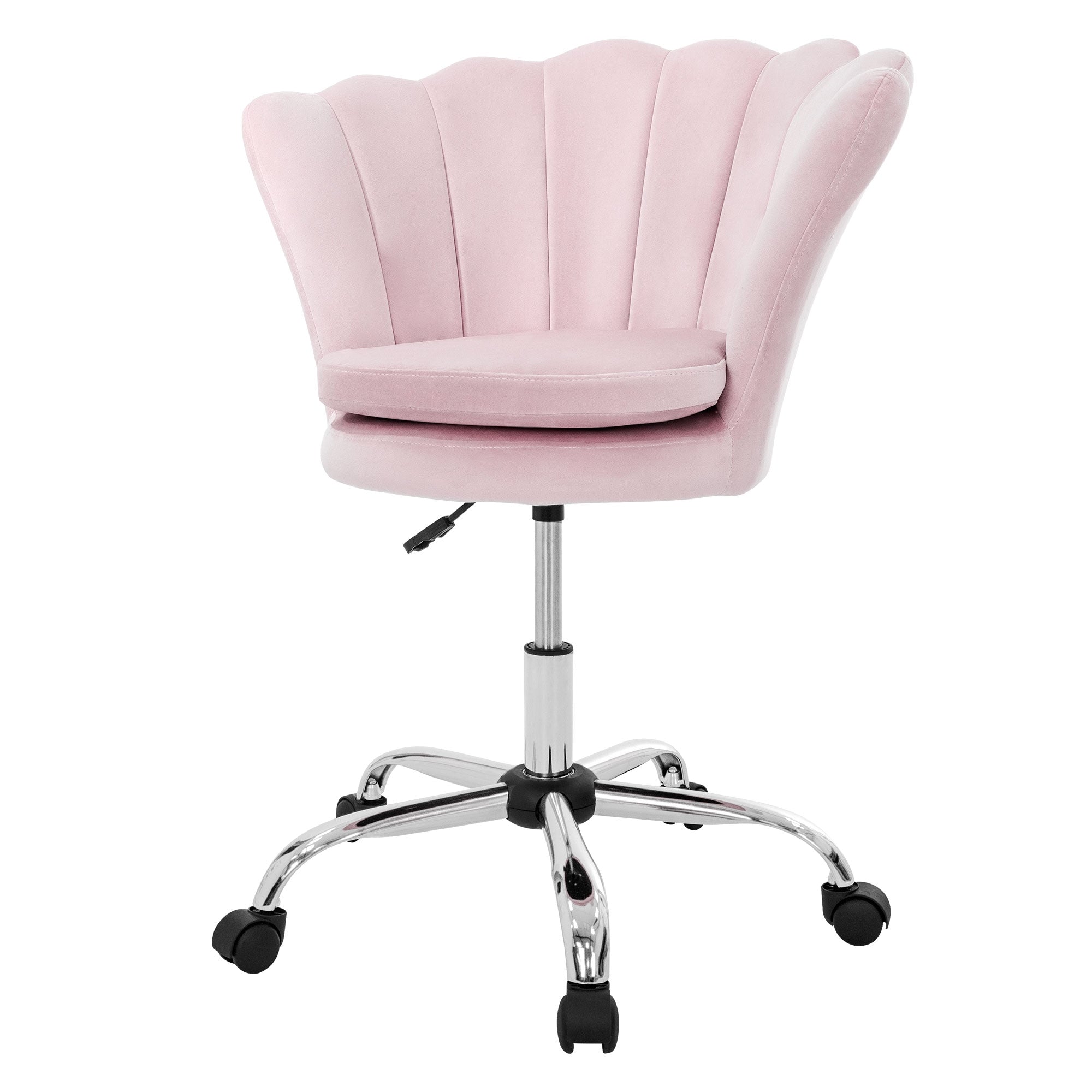 Chaise de bureau rose avec un siège rembourré et un pied chromé.