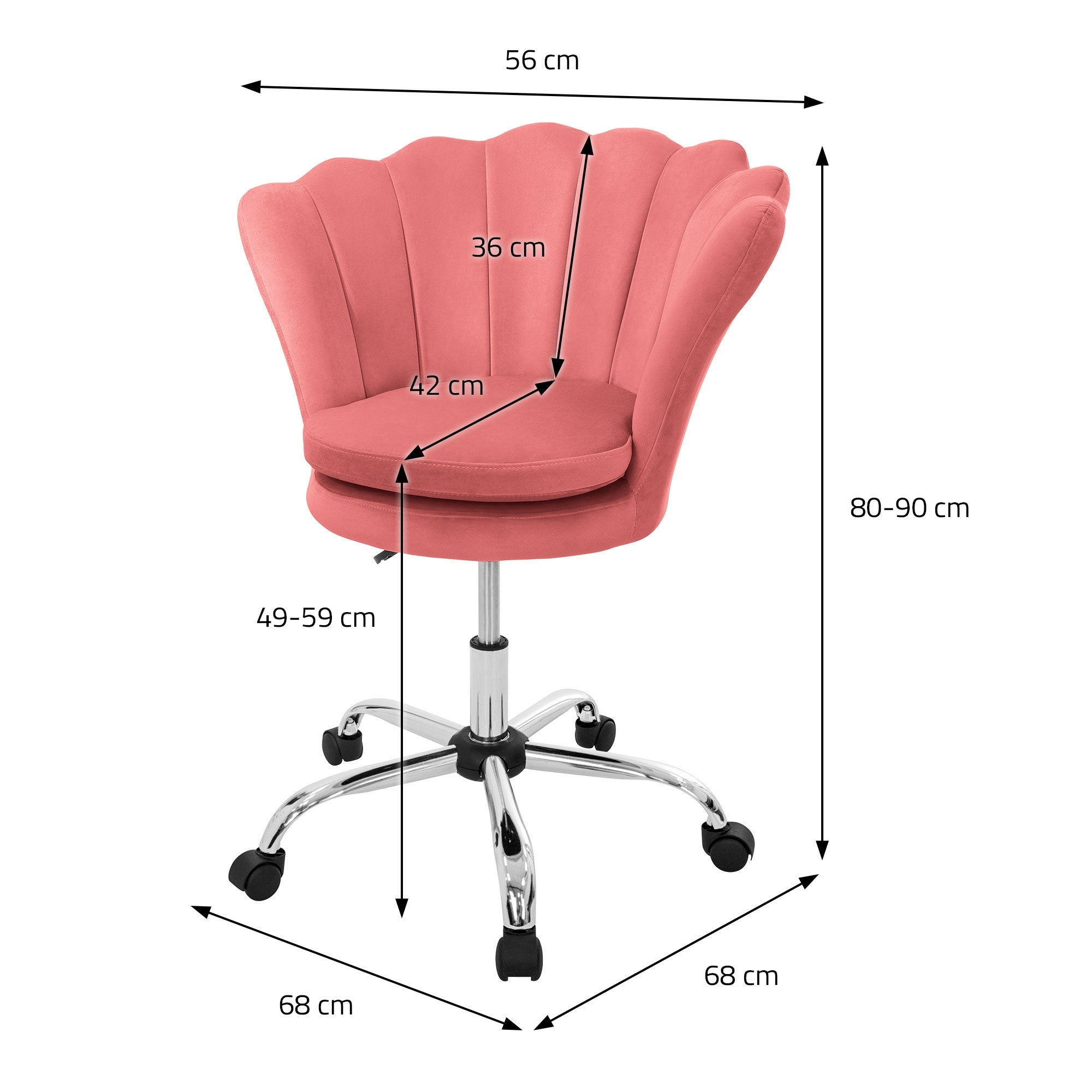 Maßzeichnung eines rosa Bürostuhls mit Abmessungen in Zentimetern.